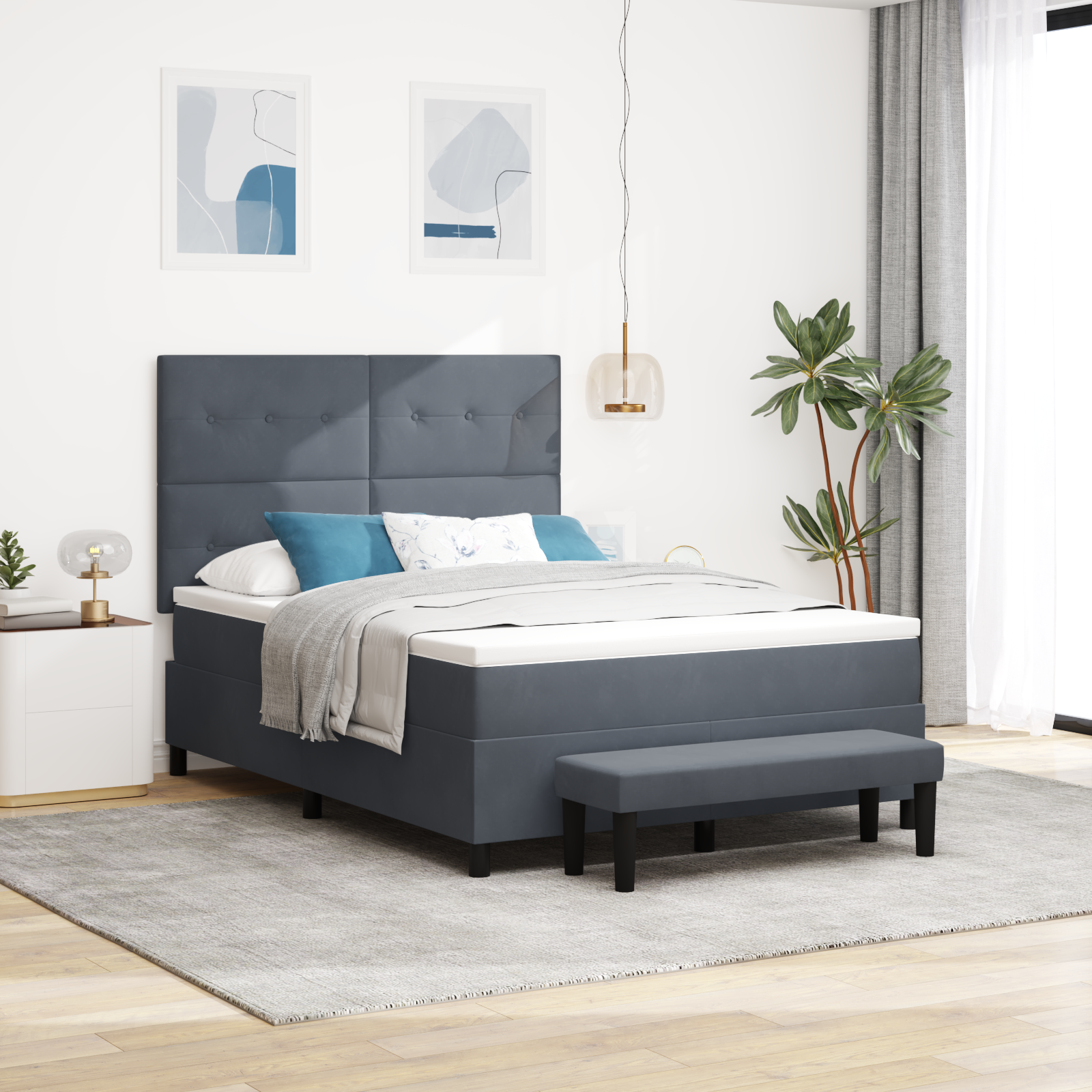 Letto Box Spring con Materasso e Panca Grigio Scuro 140x190 cm Velluto
