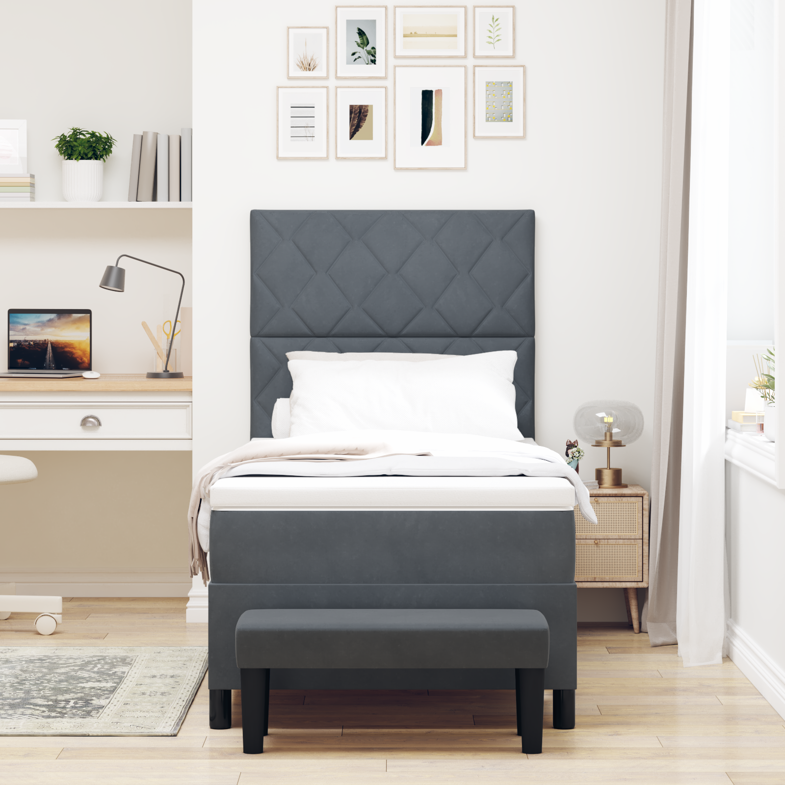 Kopėčių lova su čiužiniu ir suoleliu tamsiai pilka 90x190 cm aksomas - Image 5