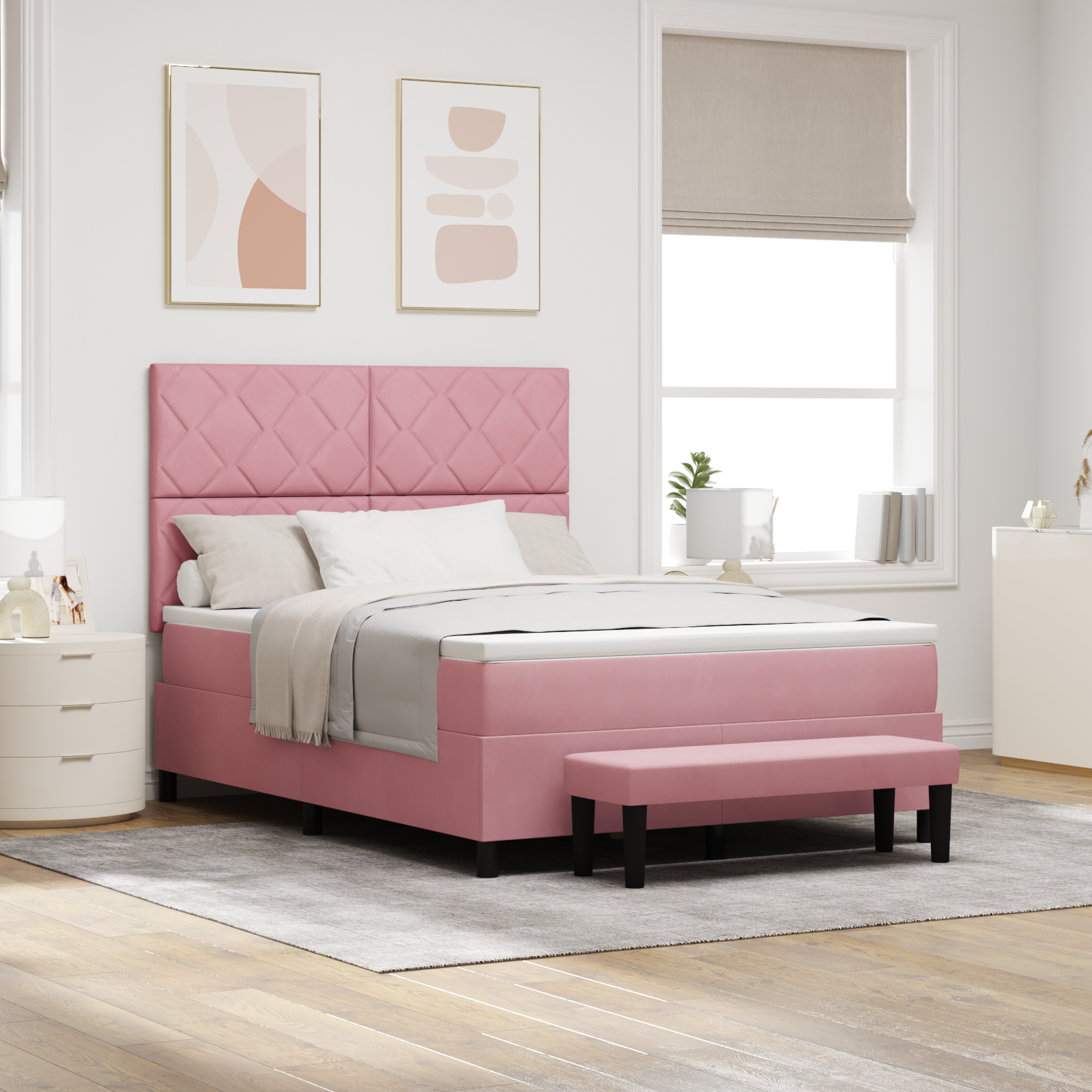 Čiužinio rėmas su čiužiniu ir suoleliu Rožinė 140x200 cm Aksomas