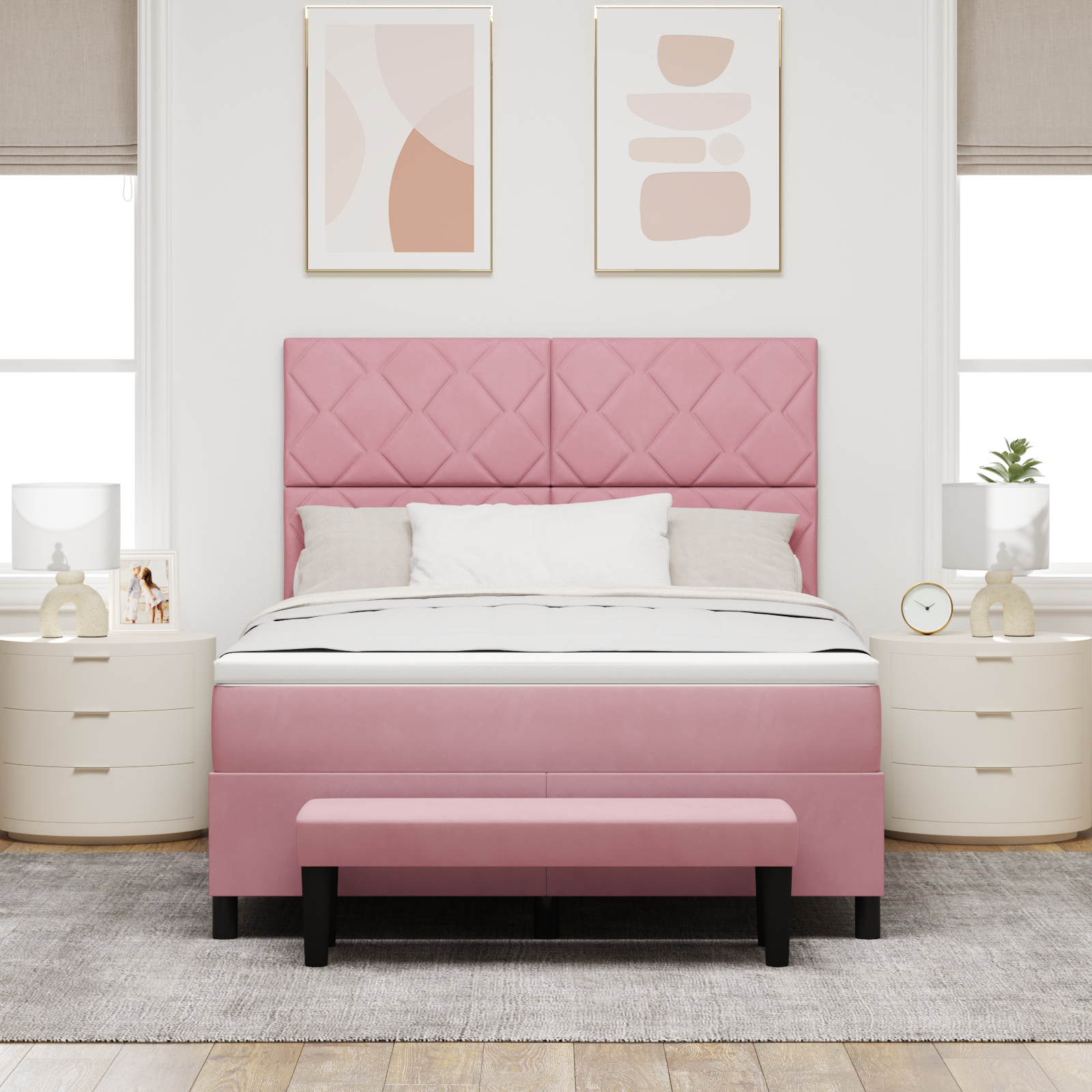 Čiužinio rėmas su čiužiniu ir suoleliu Rožinė 140x200 cm Aksomas - Image 5