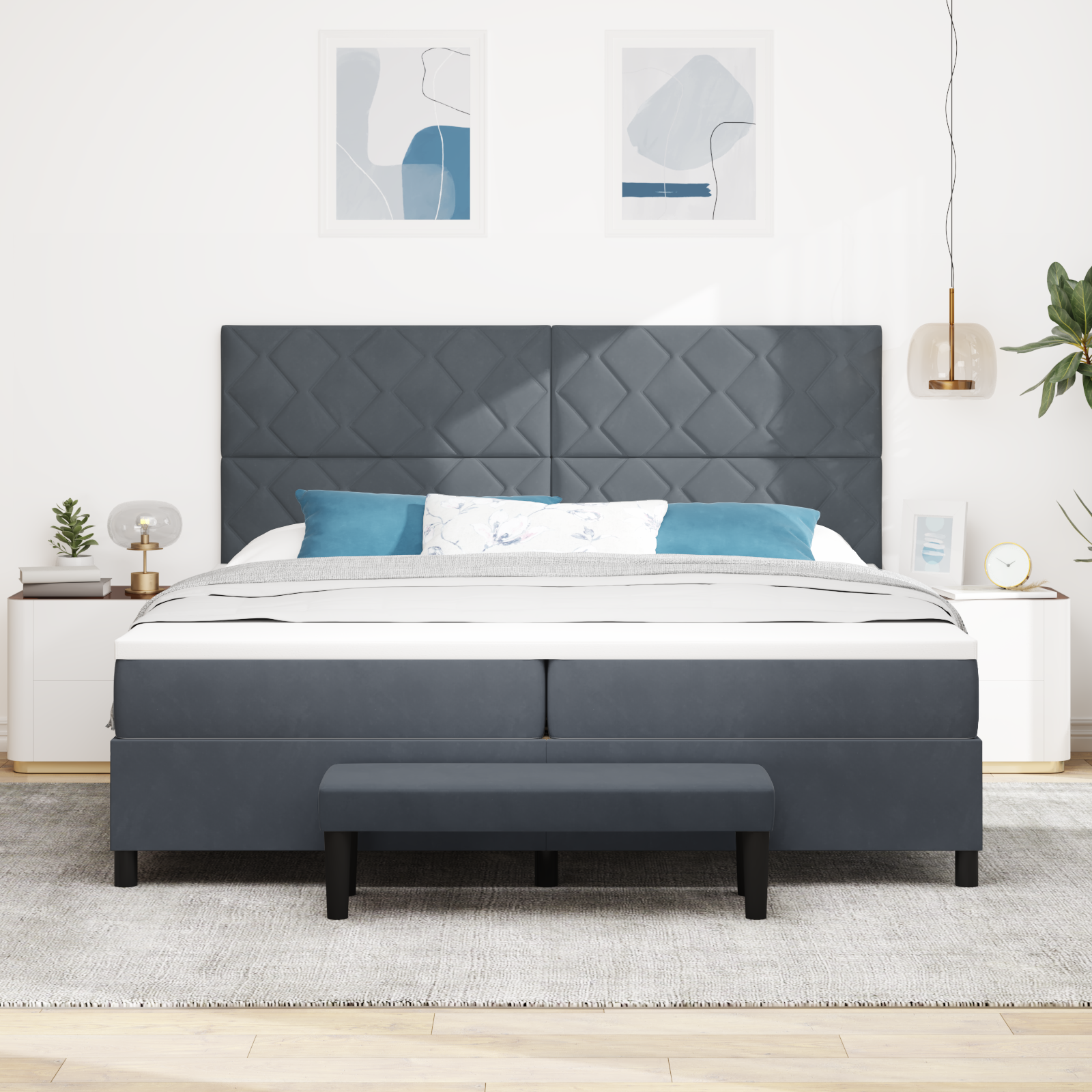 Bokštinė lova su čiužiniu ir suolu Tamsiai pilka 200x200 cm Aksomas - Image 5