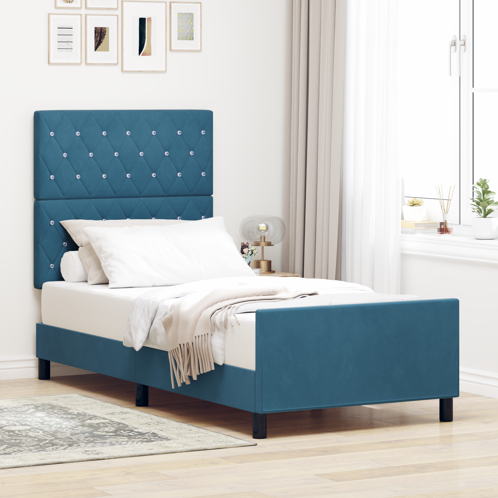 vidaXL Cadru de pat cu headboard Albastru închis 90 x 200 cm Catifea