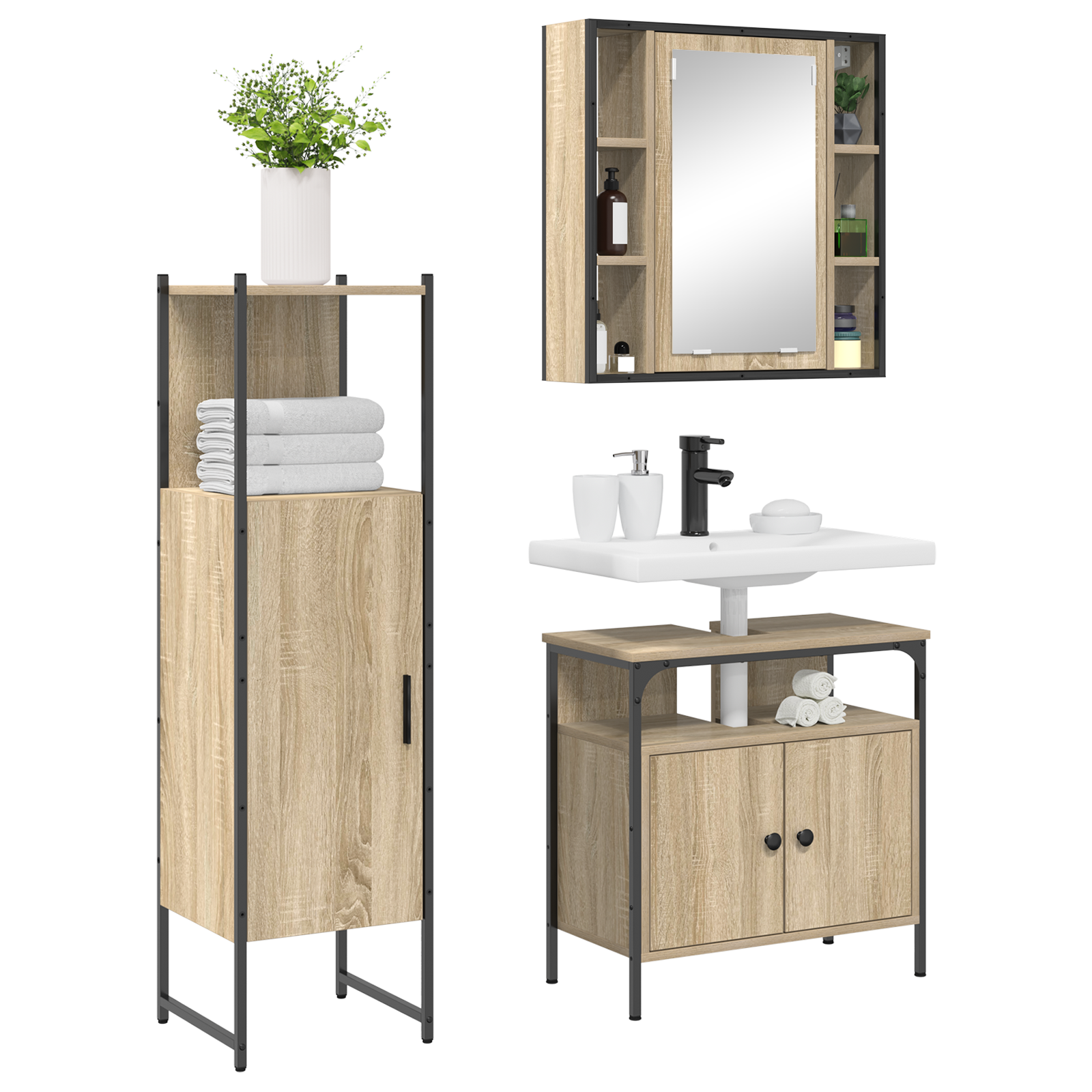 3 Piece Bathroom Furniture Set Sonoma Oak Engineered Wood - Image 3