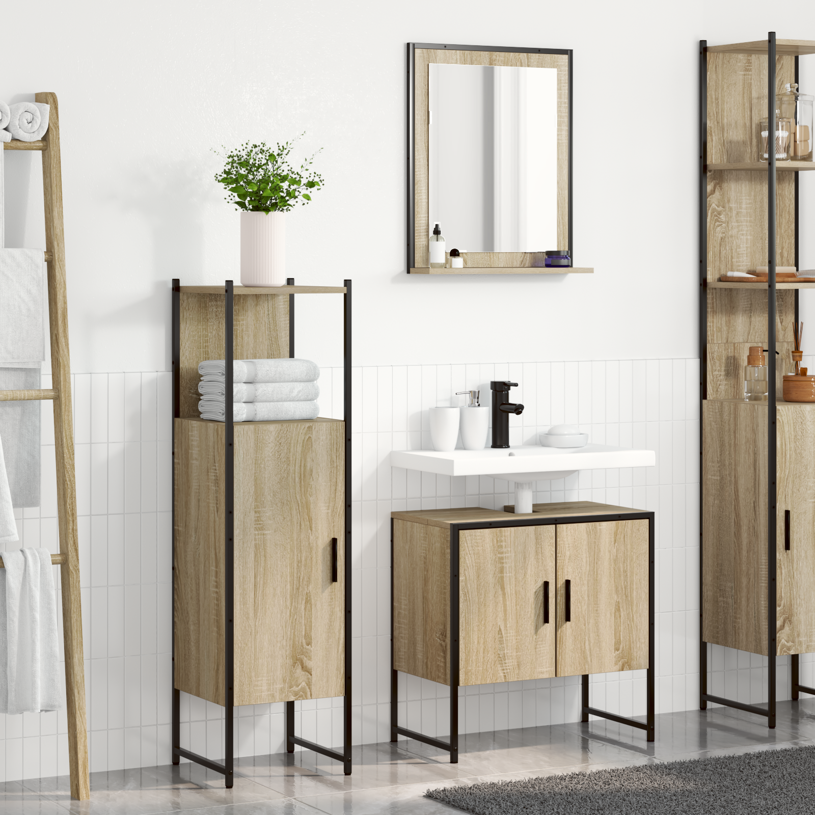 3 Piece Bathroom Furniture Set Sonoma Oak Engineered Wood, vidaXL Bathroom Mirror with Shelf Sonoma Oak 50x12x60 cm Engineered Wood