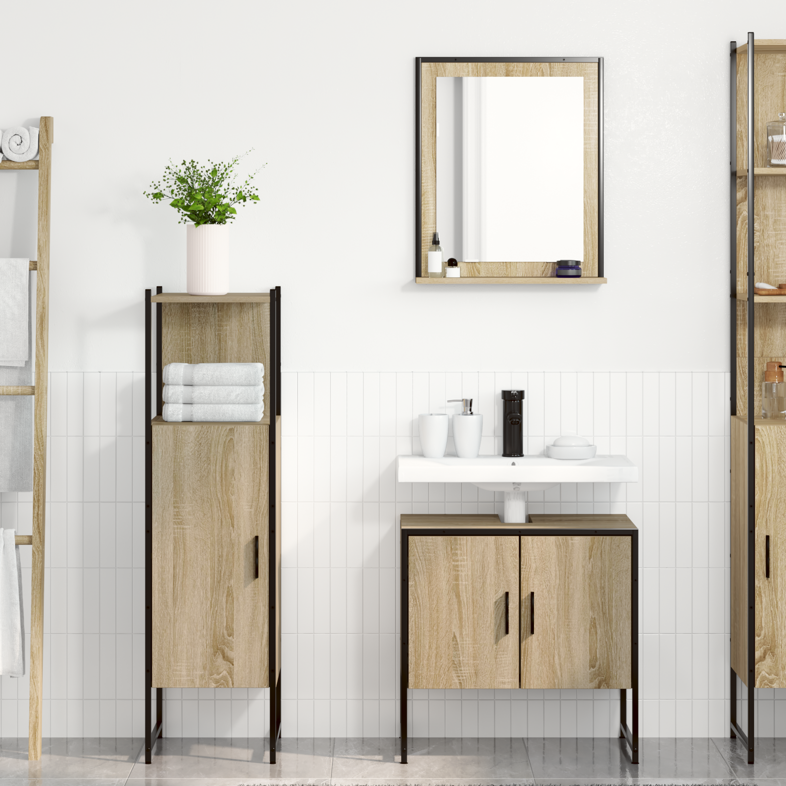 3 Piece Bathroom Furniture Set Sonoma Oak Engineered Wood, vidaXL Bathroom Mirror with Shelf Sonoma Oak 50x12x60 cm Engineered Wood - Image 4