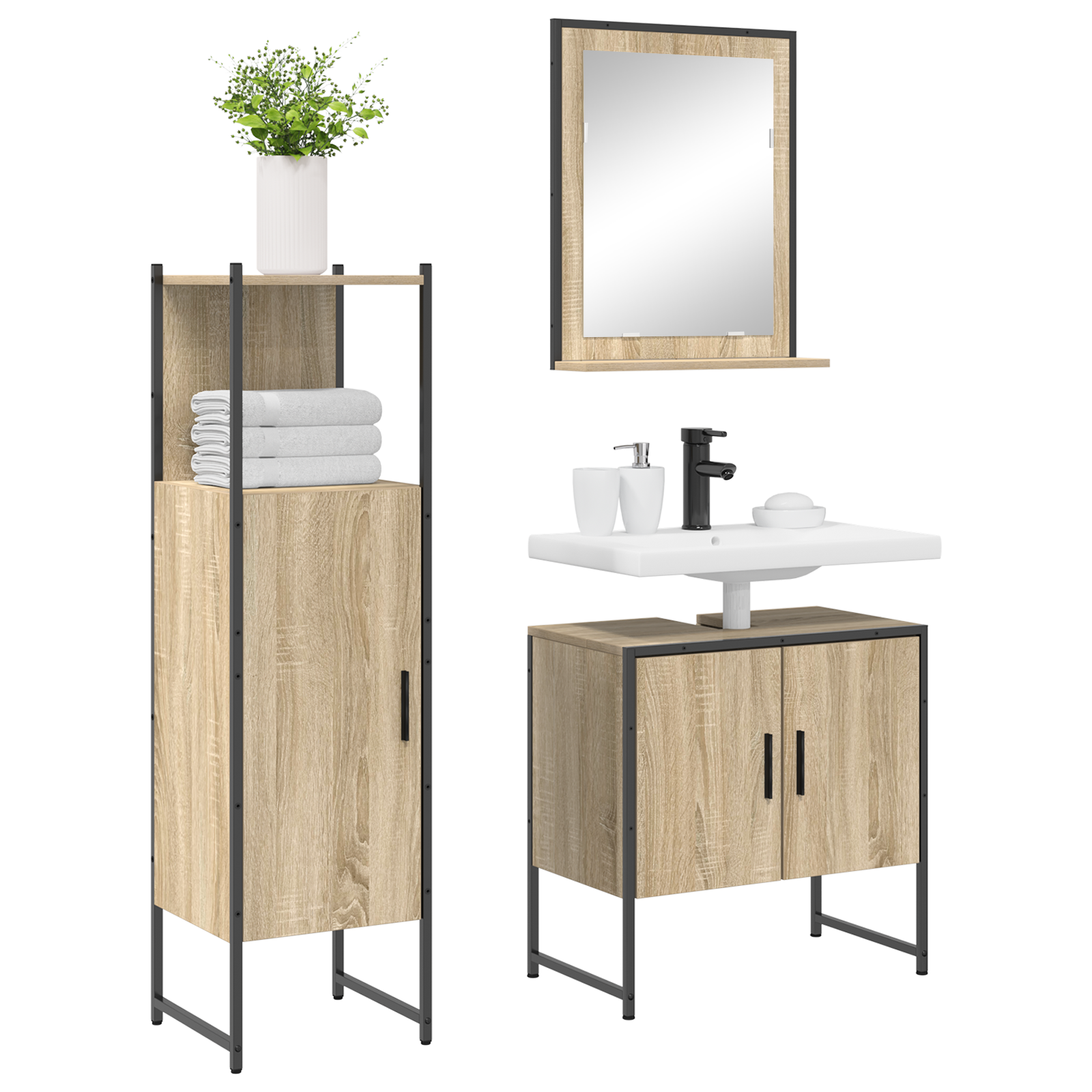 3 Piece Bathroom Furniture Set Sonoma Oak Engineered Wood, vidaXL Bathroom Mirror with Shelf Sonoma Oak 50x12x60 cm Engineered Wood - Image 3