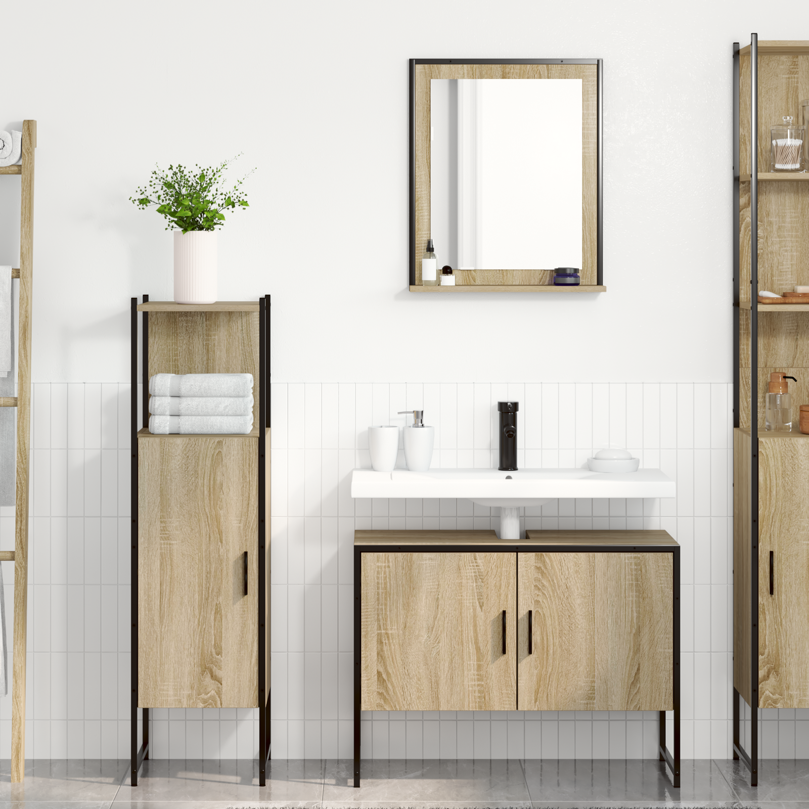 3 Piece Bathroom Furniture Set Sonoma Oak Engineered Wood, vidaXL Bathroom Mirror with Shelf Sonoma Oak 50x12x60 cm Engineered Wood