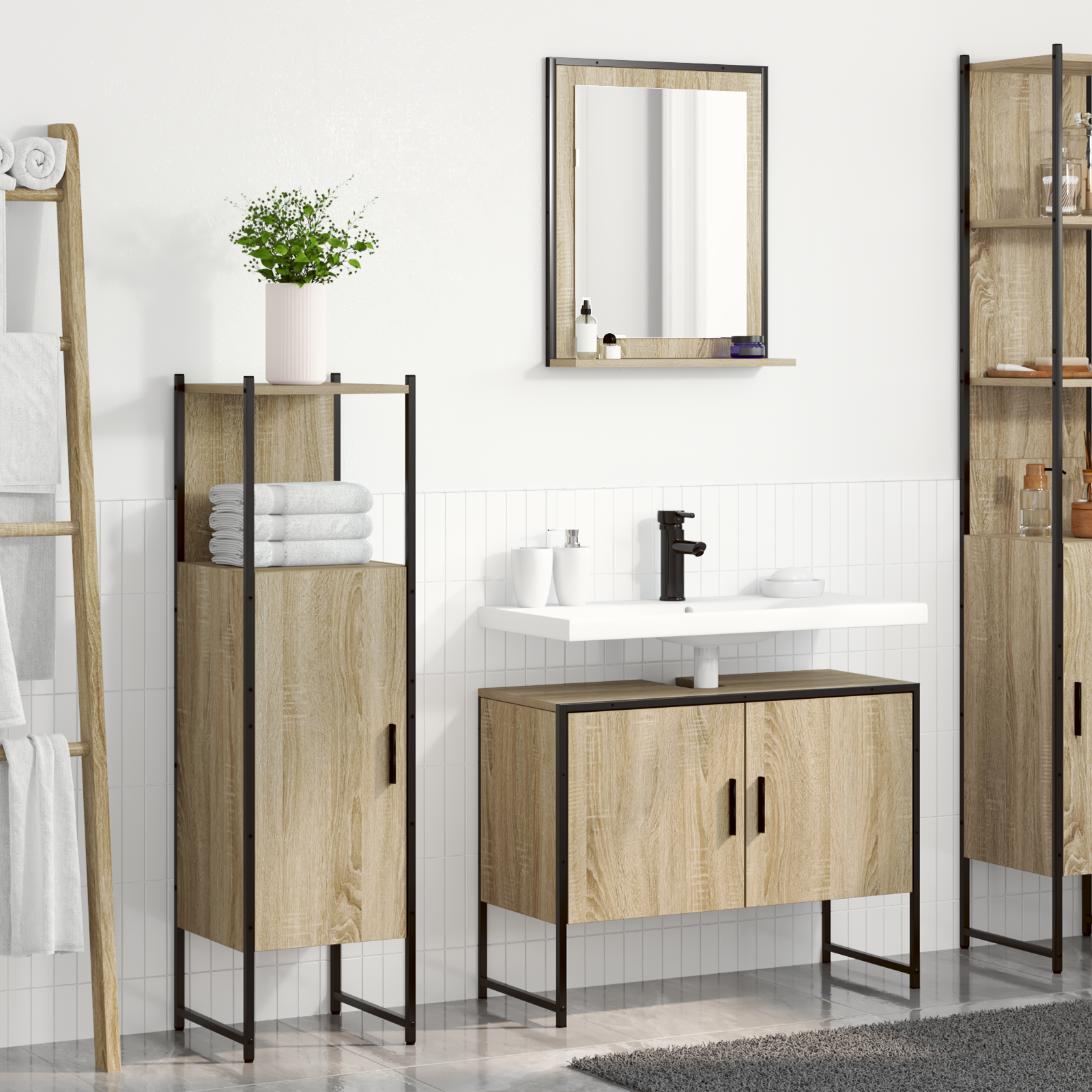 3 Piece Bathroom Furniture Set Sonoma Oak Engineered Wood, vidaXL Bathroom Mirror with Shelf Sonoma Oak 50x12x60 cm Engineered Wood - Image 4