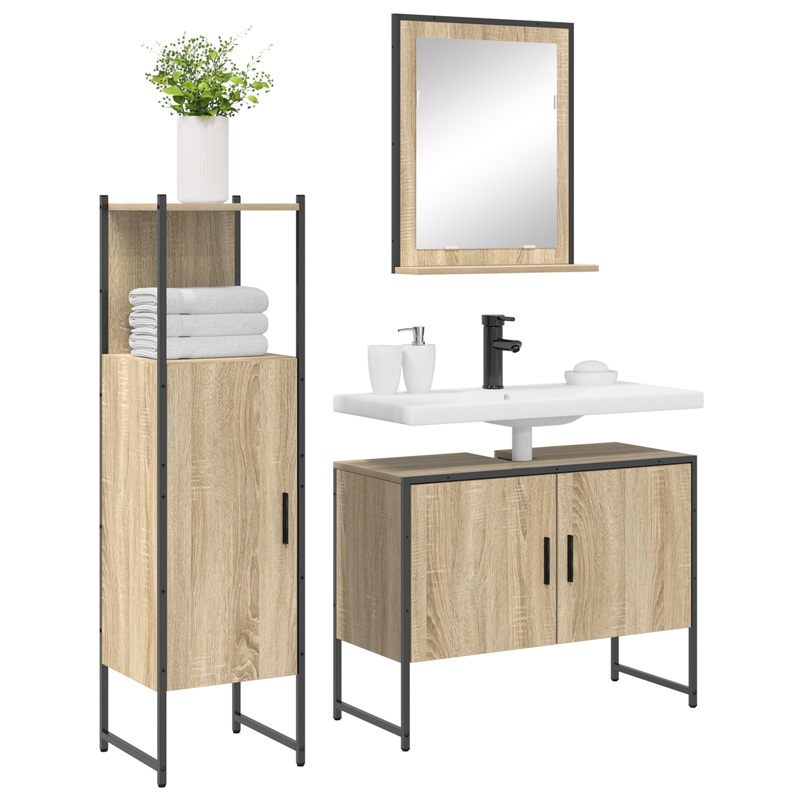 3 Piece Bathroom Furniture Set Sonoma Oak Engineered Wood, vidaXL Bathroom Mirror with Shelf Sonoma Oak 50x12x60 cm Engineered Wood - Image 3