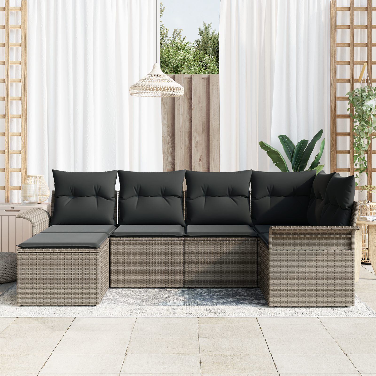 Комплект от 6 части градински диван с възглавници Сив Полиратан - Image 3