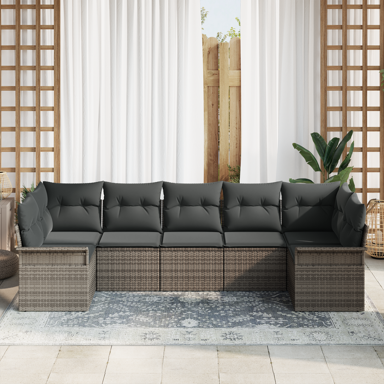 Градински диван комплект от 7 части с възглавници, сив полиратан - Image 3