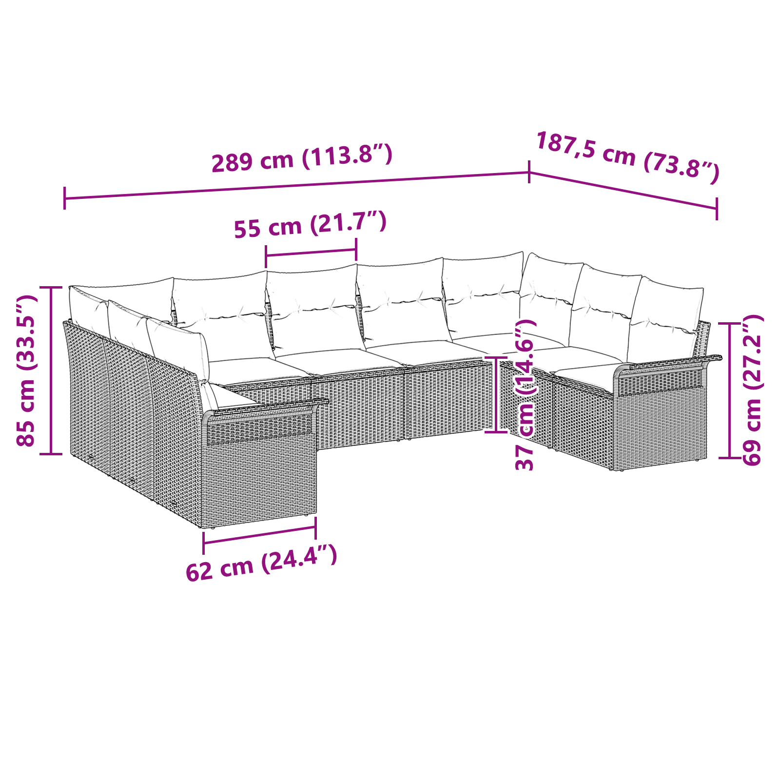 9 части Комплект градински диван с възглавници Светлосив полипропилен - Image 11