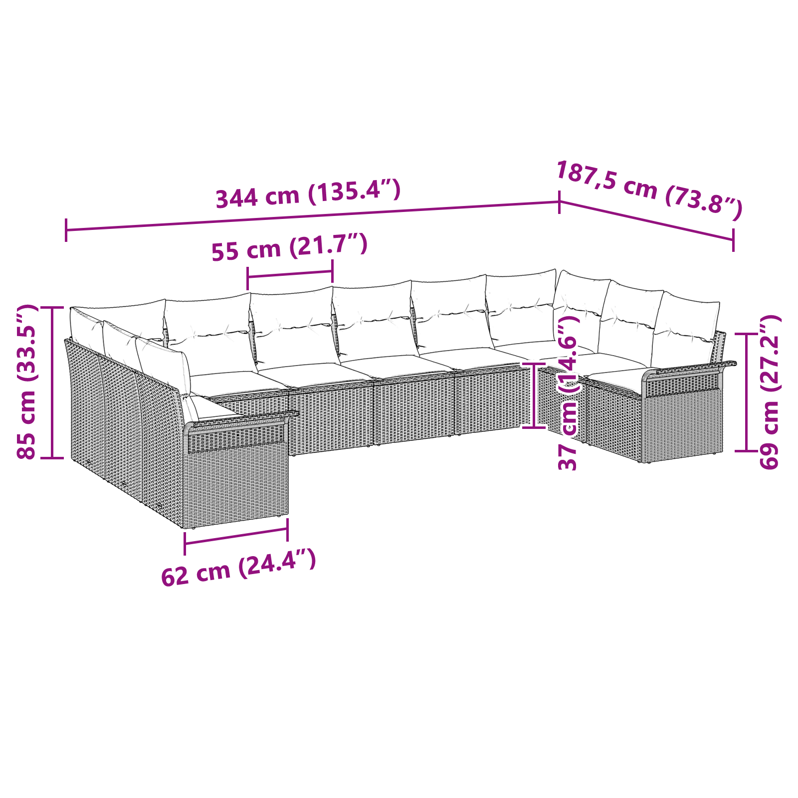 10 части градински диван комплект с възглавници сив полиротан - Image 11