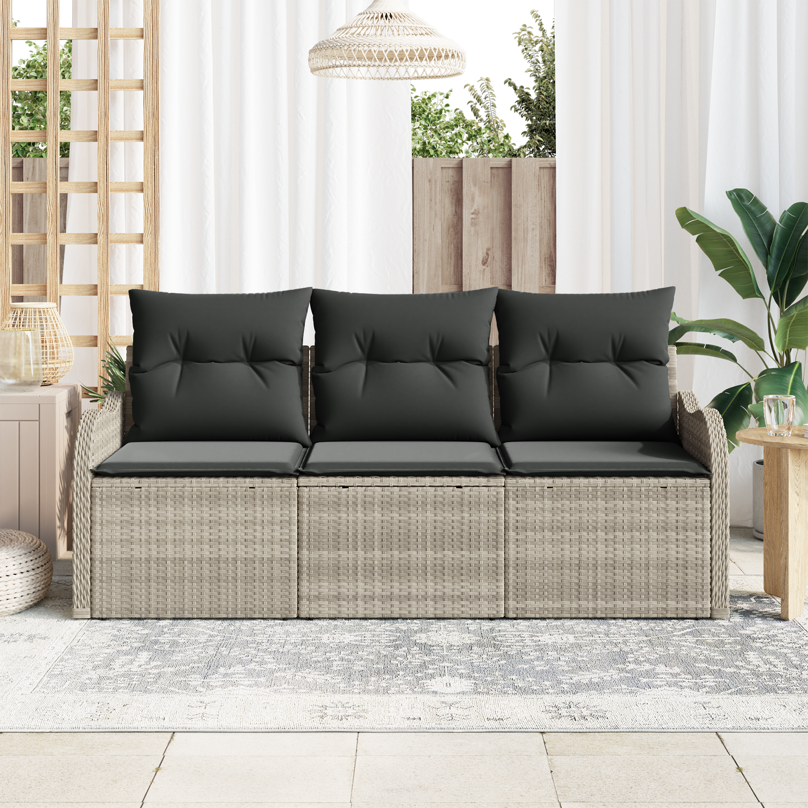 Комплект градински диван от 3 части с възглавници Светлосив Полиратан - Image 3