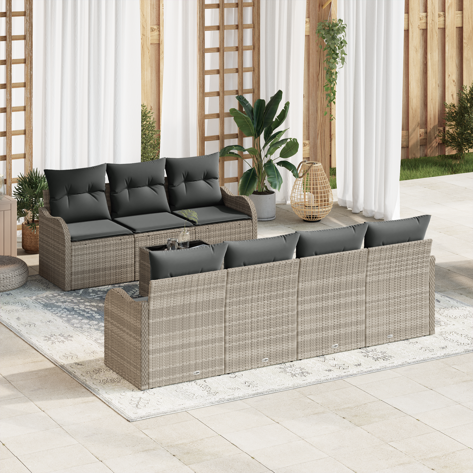 8-teiliges Garten Sofa Set mit Kissen in Hellgrau Poly Rattan