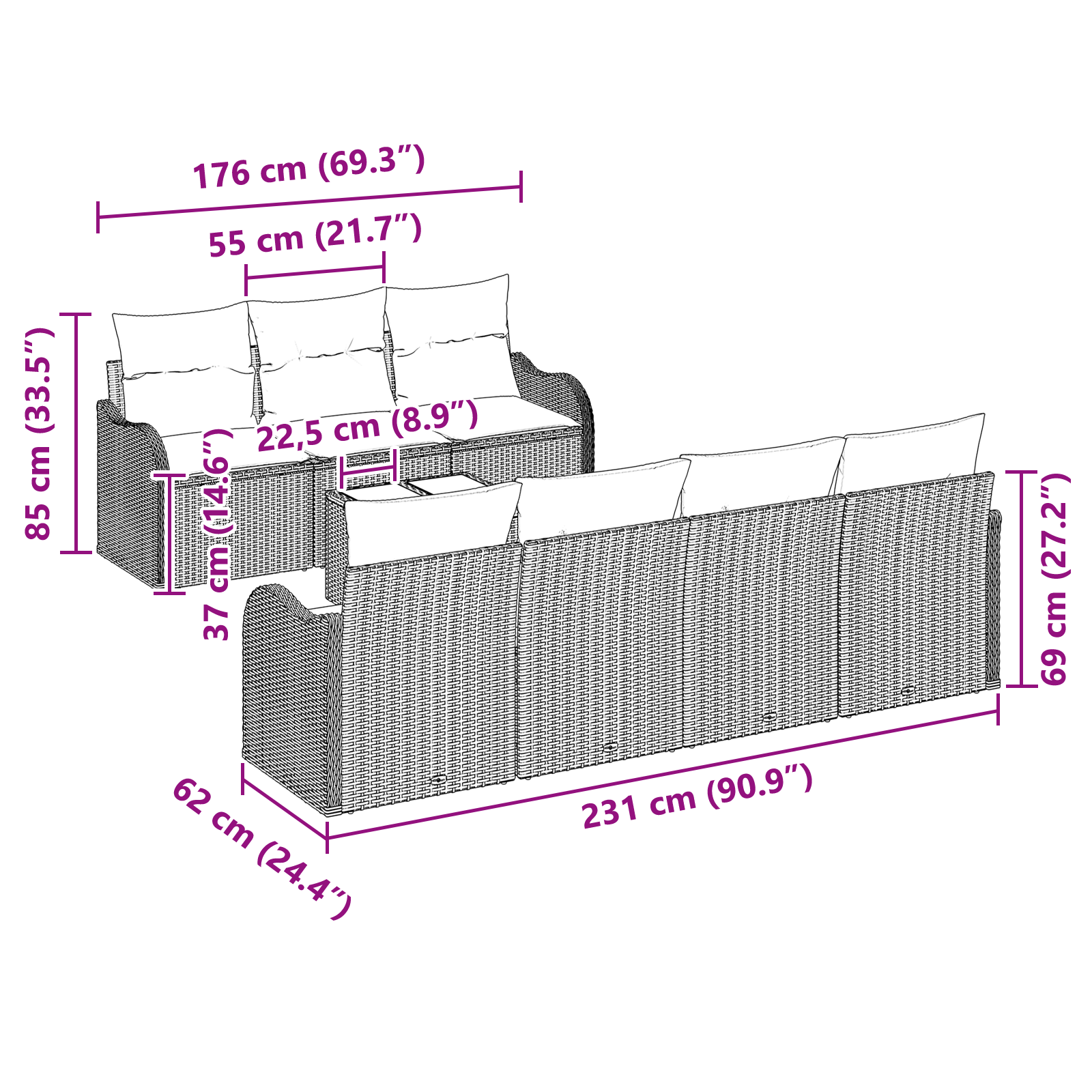 8-teiliges Garten Sofa Set mit Kissen in Hellgrau Poly Rattan – Bild 8