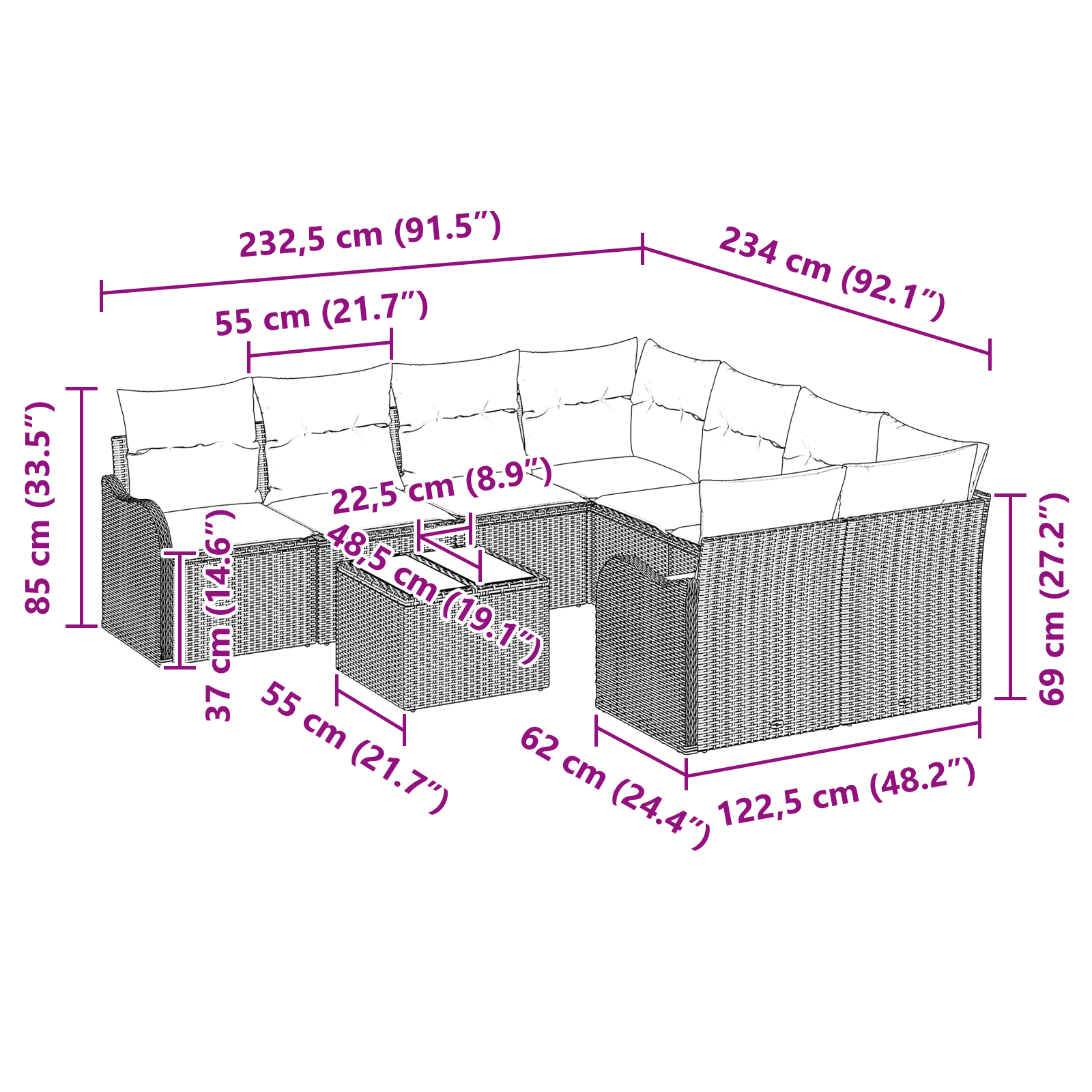 9 dalių sodo sofų komplektas su pagalvėlėmis, smėlio poliratanas - Image 9