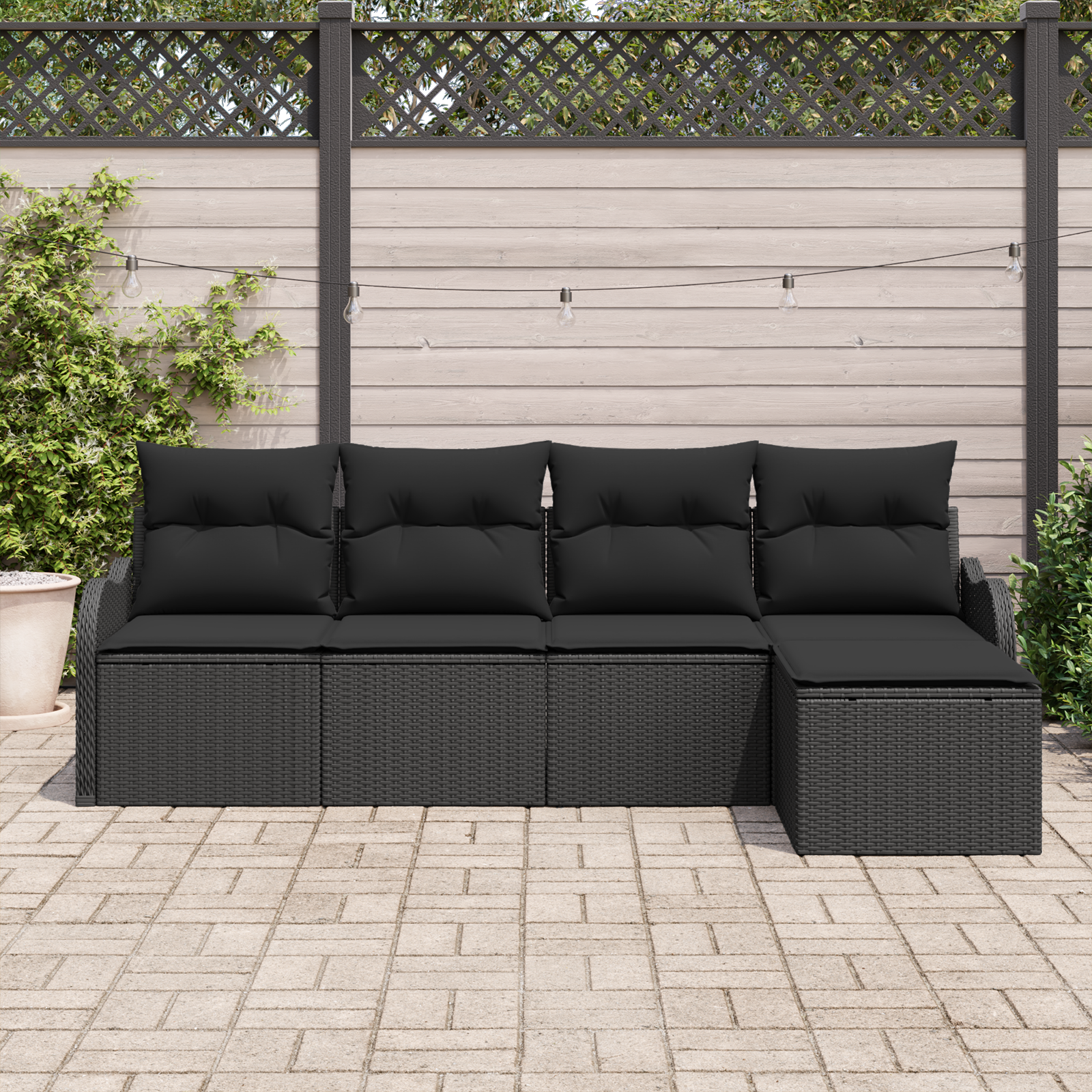 5 частен комплект градински диван с възглавници Черен Полиратан, vidaXL 2-местен градински диван с възглавници Черен Полиратан - Image 3