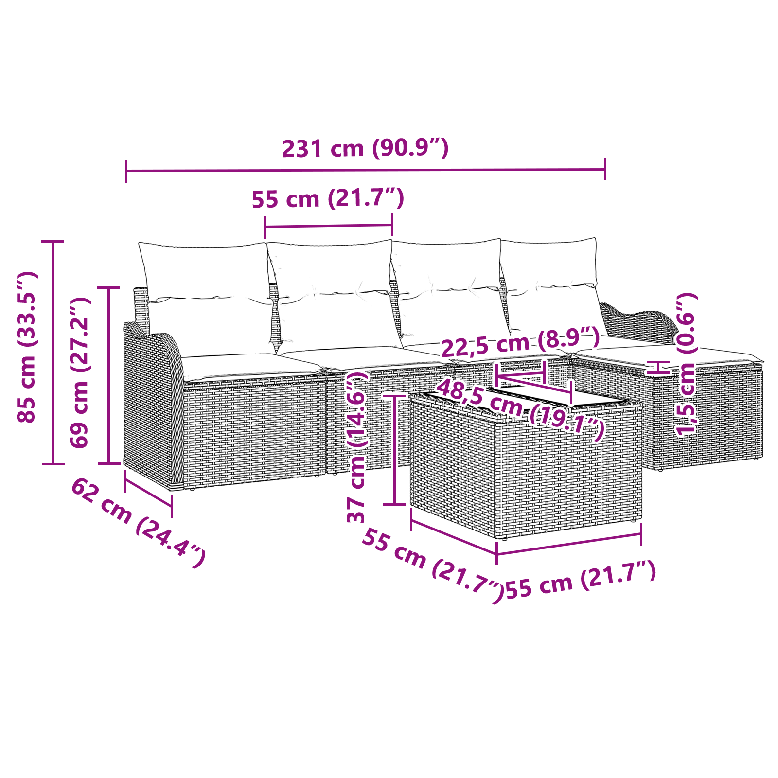 5-местен градински диван комплект с възглавници сив полиестерен ратан, vidaXL 2-местен градински диван с възглавници кафяв полиестерен ратан - Image 9