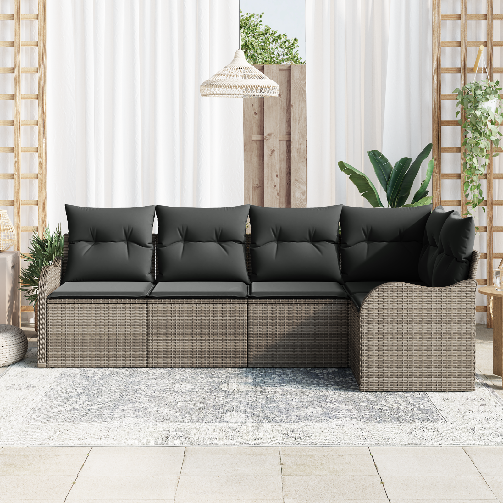 5-частов диван комплект за градина с възглавници Сив полиратан, vidaXL 2-местен диван за градина с възглавници Сив полиратан - Image 3