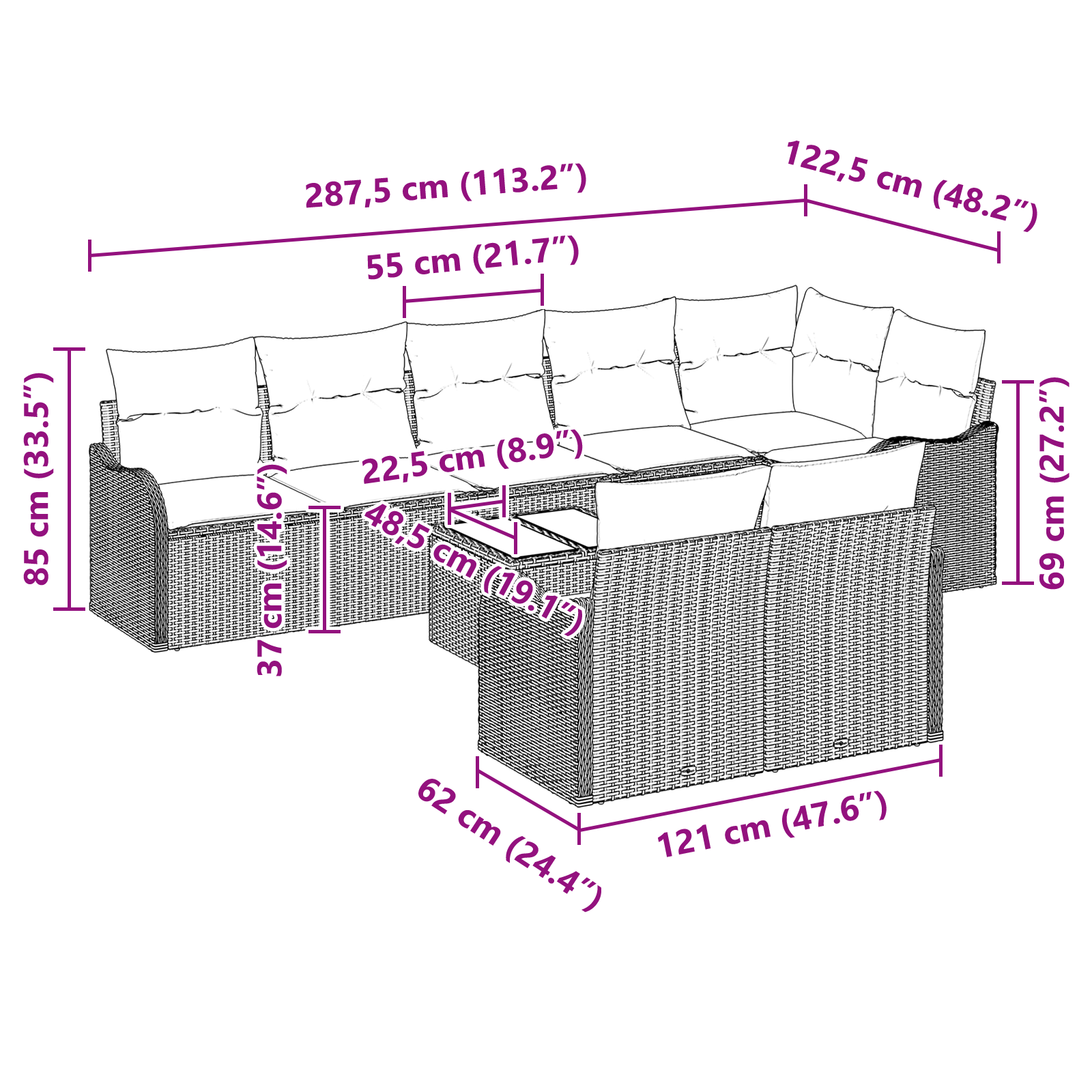 8 частен градински диван комплект с възглавници сив полиестерен ратан, vidaXL 2-местен градински диван с възглавници кафяв полиестерен ратан - Image 9