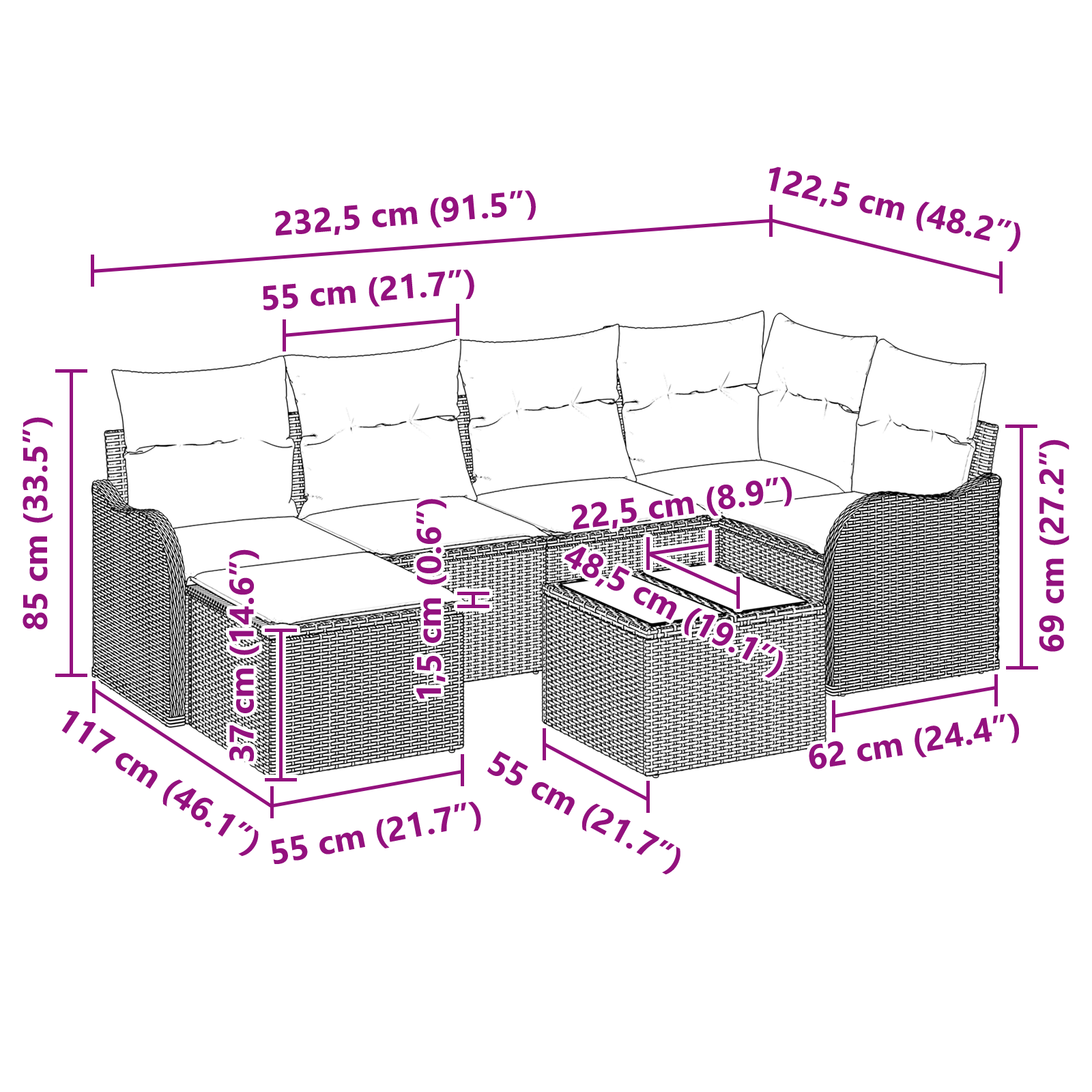 7 частен комплект градински диван с възглавници сив поли ратан, vidaXL 2-местен градински диван с възглавници светлосив поли ратан - Image 10
