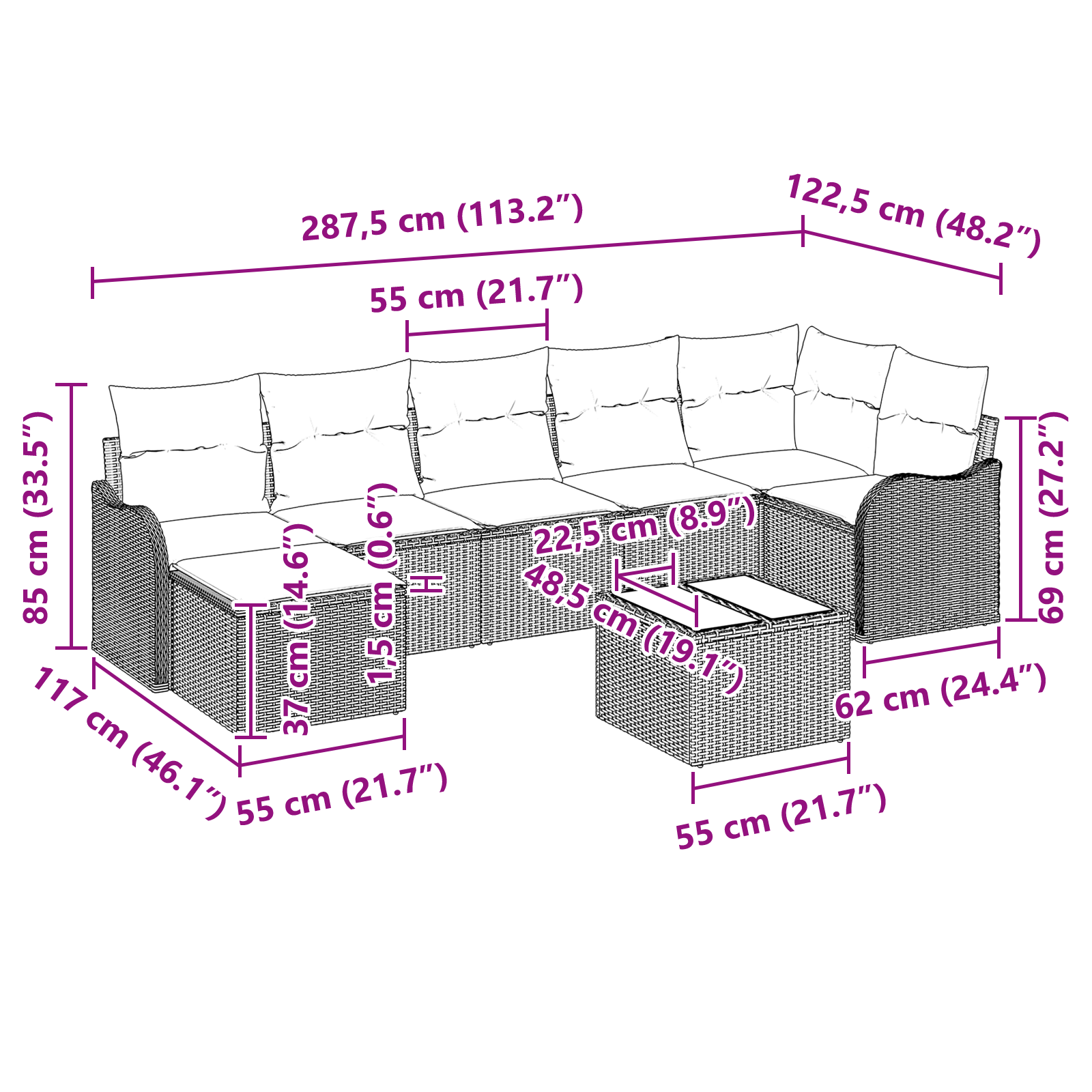 8-частен градински диван комплект с възглавници бежов полиратан, vidaXL 2-местен градински диван с възглавници черен полиратан - Image 10