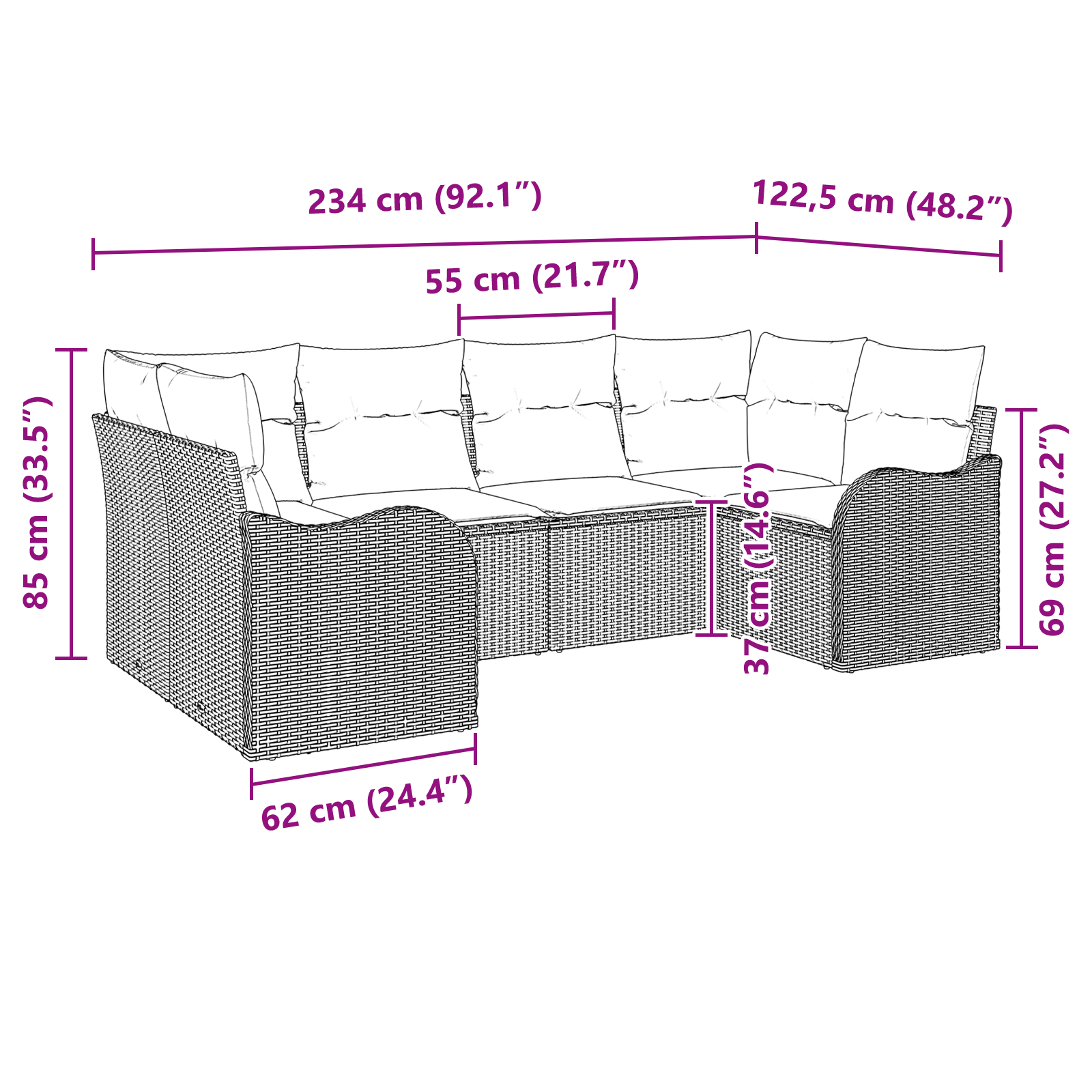 Комплект градински диван с 6 части черен полиратан, vidaXL Диван за двама черен полиратан - Image 8