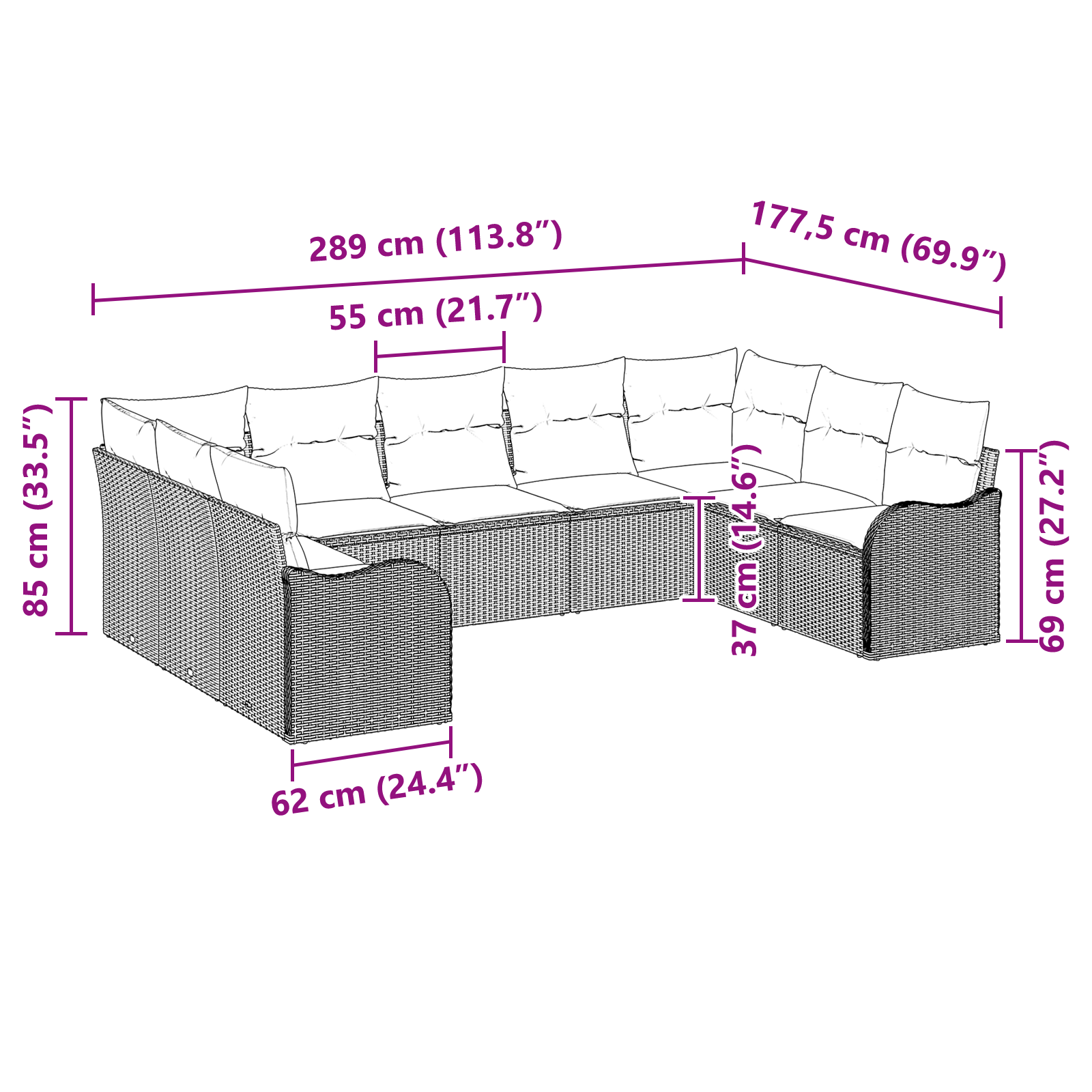 9 Часов Градински Диван Комплект с Възглавници Кафяв Полипропилен, vidaXL 2-местен Градински Диван с Възглавници Кафяв Полипропилен - Image 8