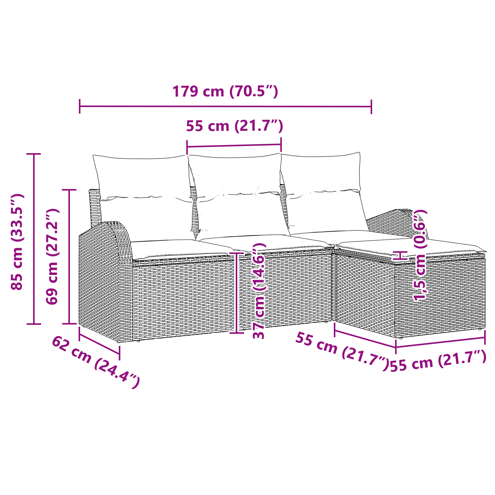 Комплект диван за градина от 4 части с възглавници Черен Полиратан - Image 8