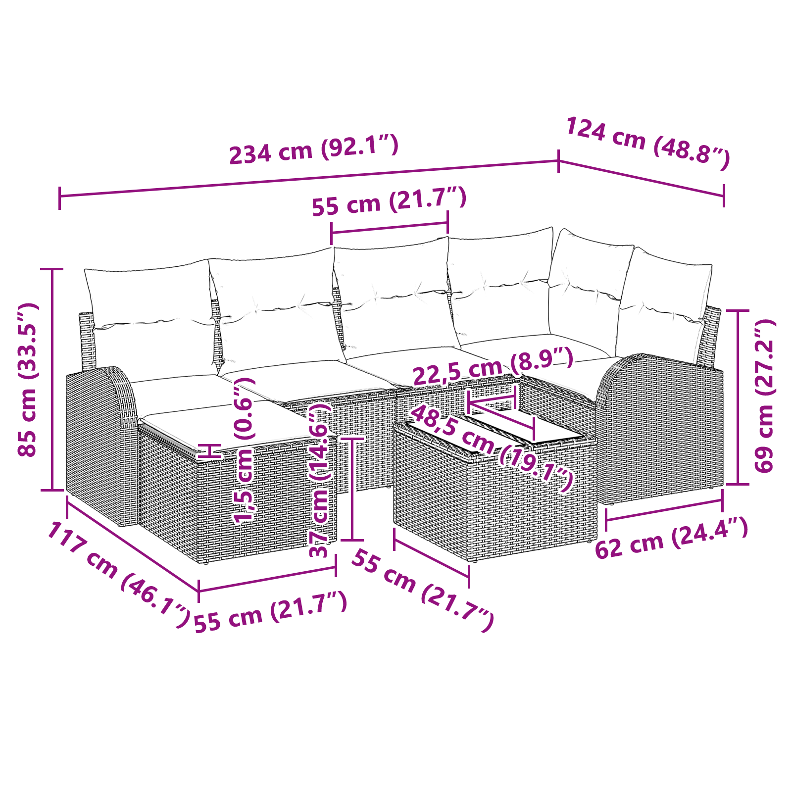Комплект от 6 части градински диван с възглавници, кафяв полирано ратан - Image 10