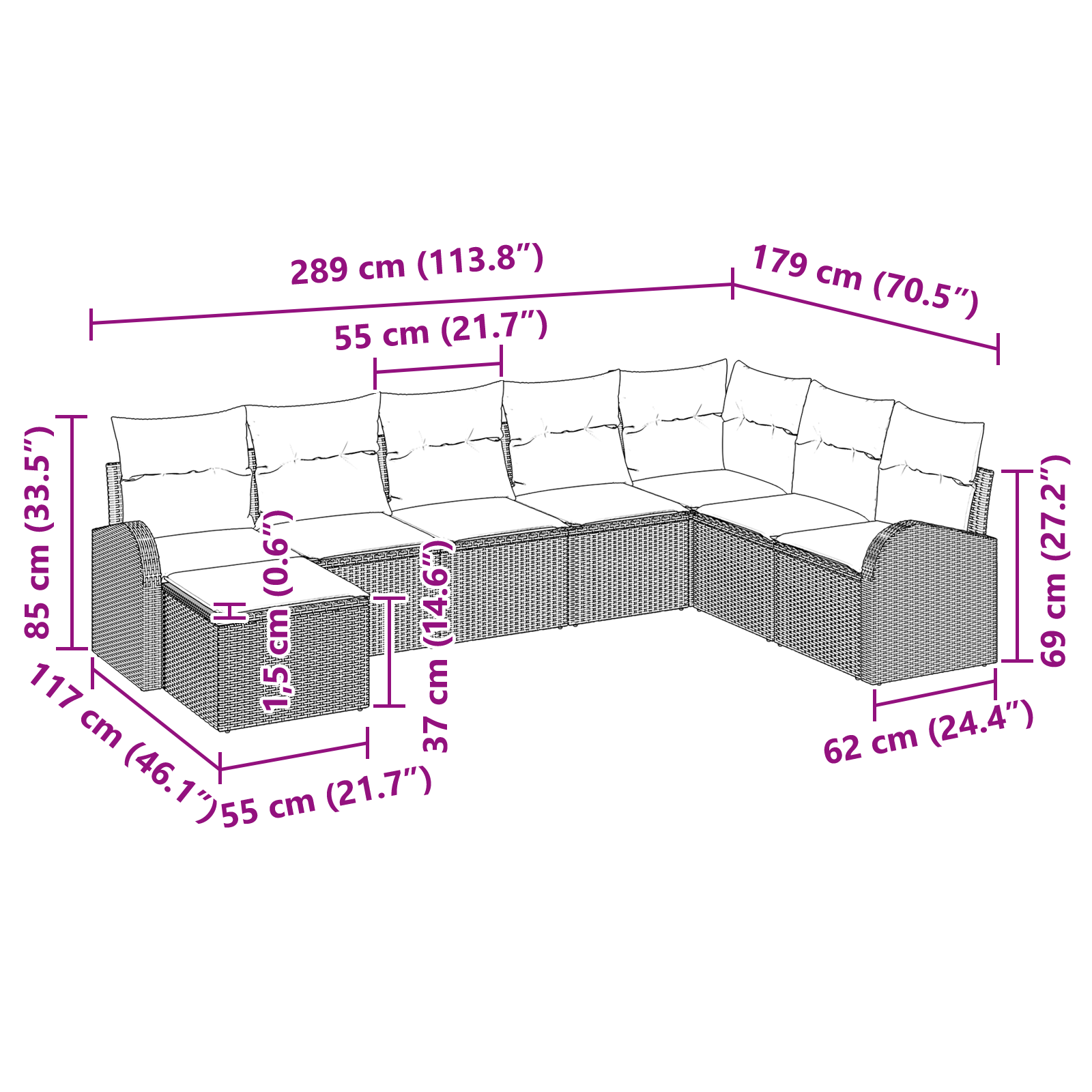 Комплект градински диван  с 8 части и възглавници сив ратан - Image 9