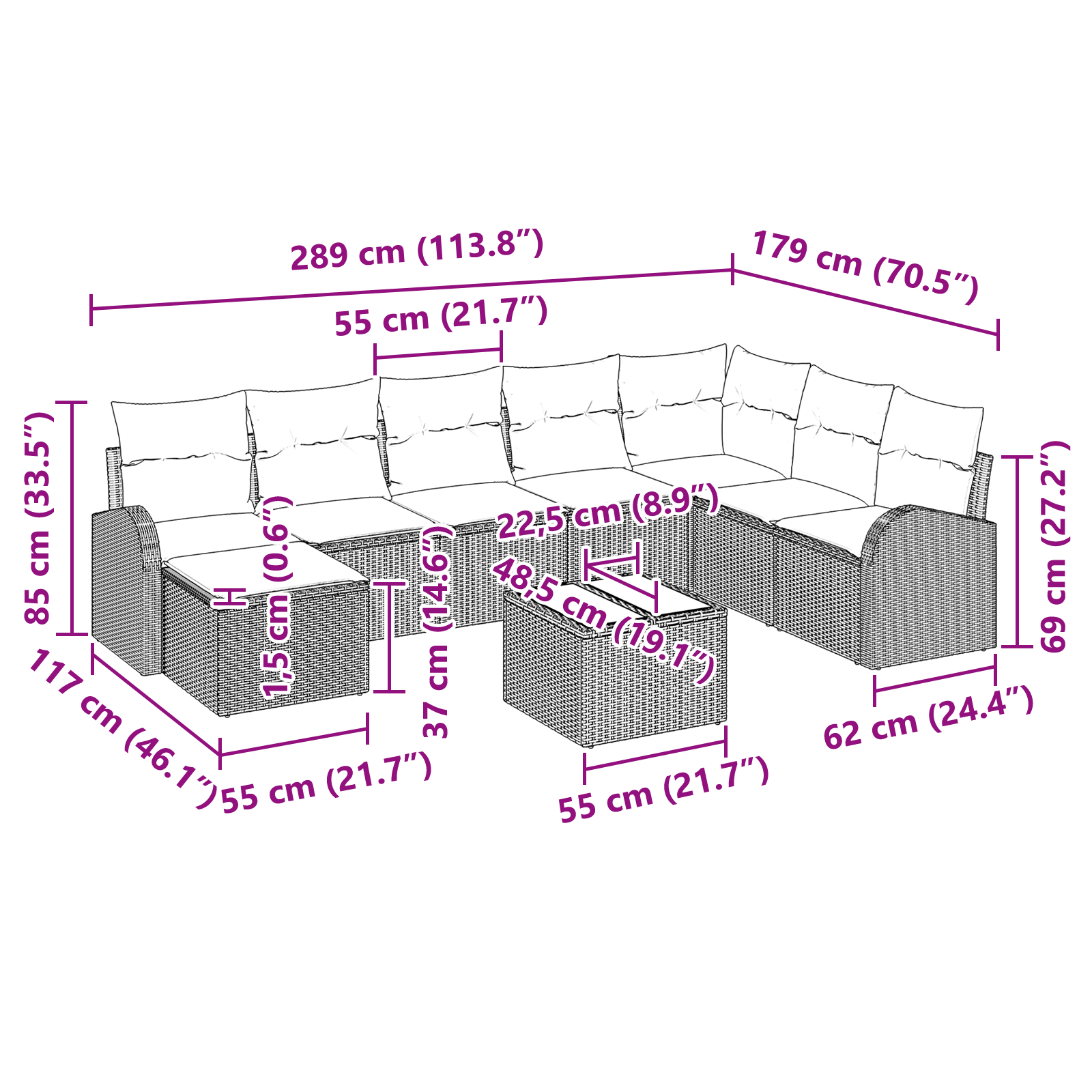 Градински Диван Комплект  Комплект от 9 Бежово и Черно Ратан - Image 10