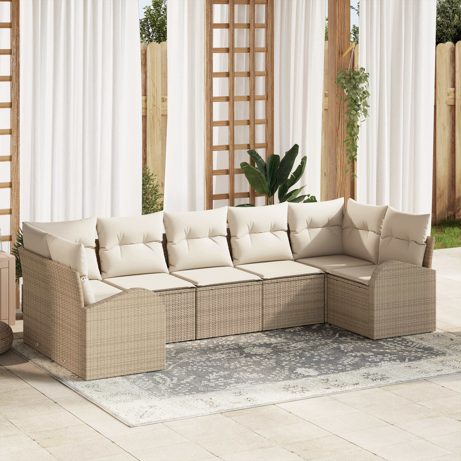 7 dalių sodo sofa komplektas su pagalvėmis smėlio spalvos poli ratanas