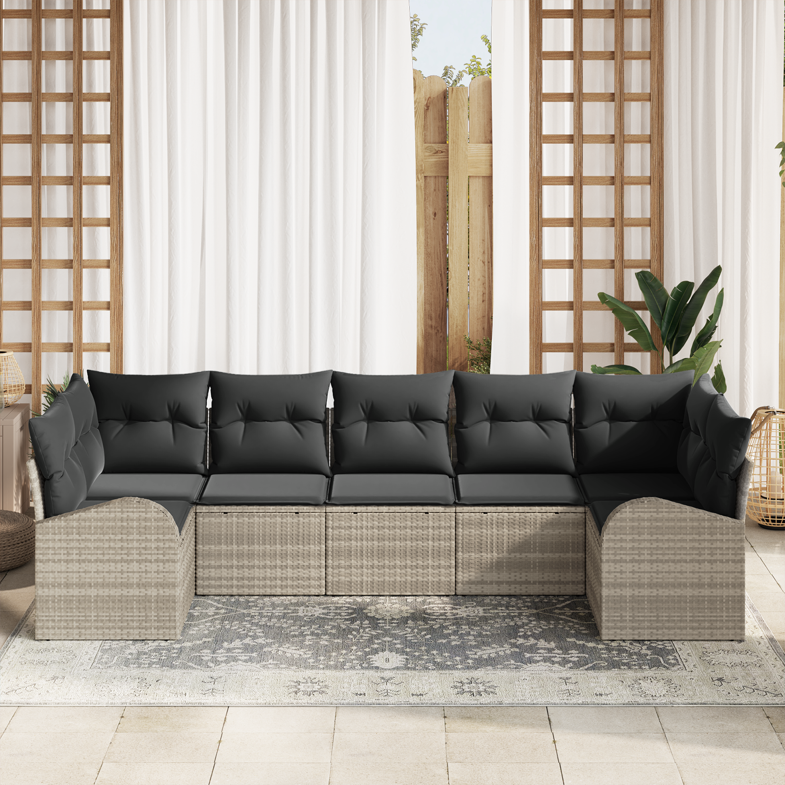 Комплект градински дивани 7 части Черни възглавници, бежова рамка - Image 3