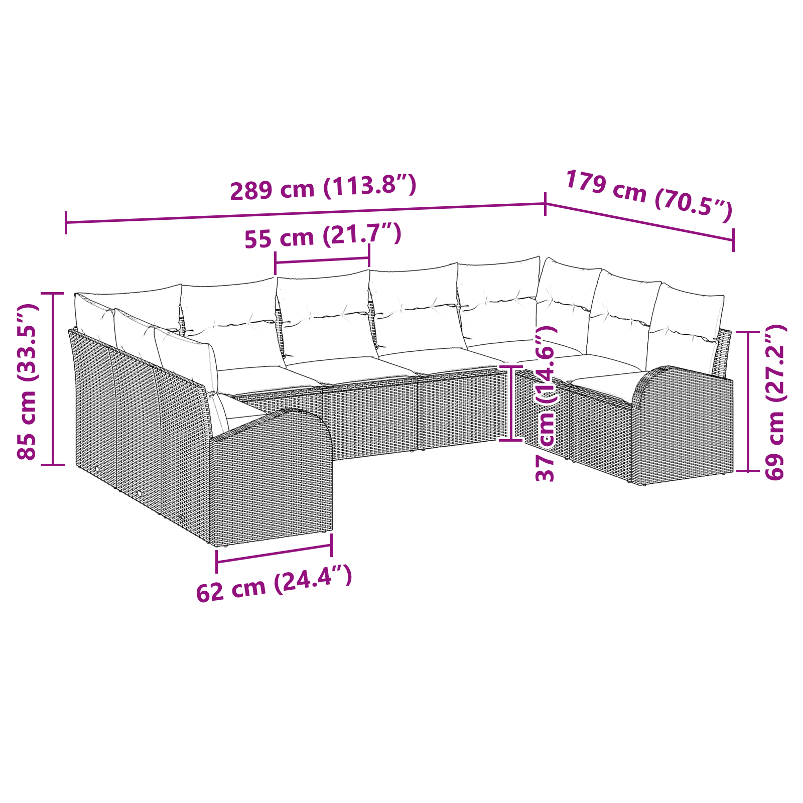 9 Часов Градински Диван Комплект с Възглавници Бежов Полиестерен Ратан - Image 11