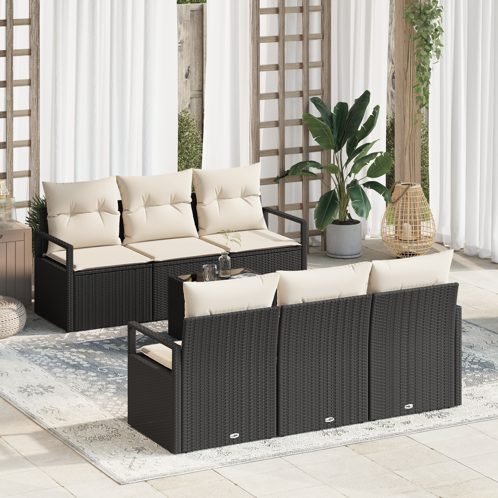 7 dalių sodo sofa rinkinys su pagalvėmis Juoda Poli Ratanas