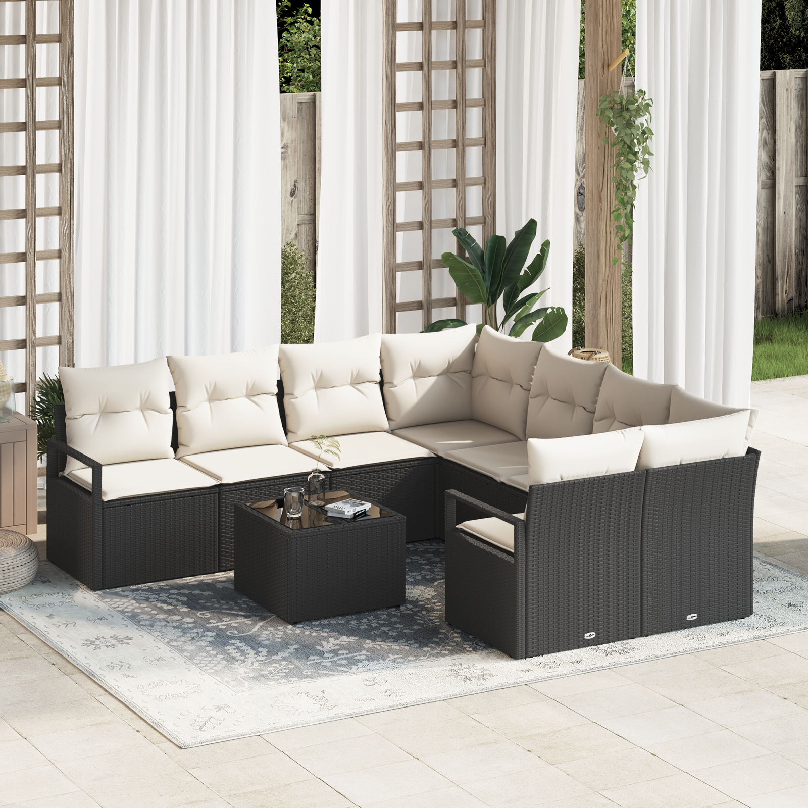 9 dalių sodo sofa komplektas su pagalvėlėmis juodas poli ratanas
