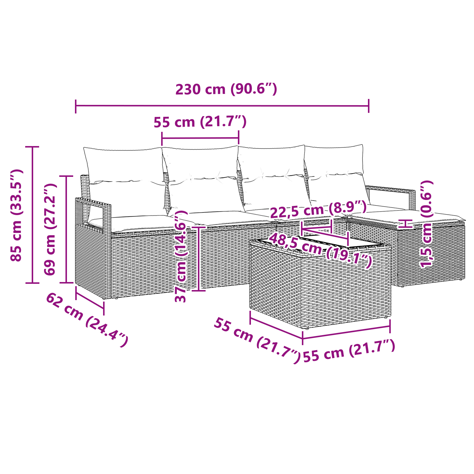 6 Частен Градински Диван Комплект с Възглавници Сив Поли Ратан - Image 9