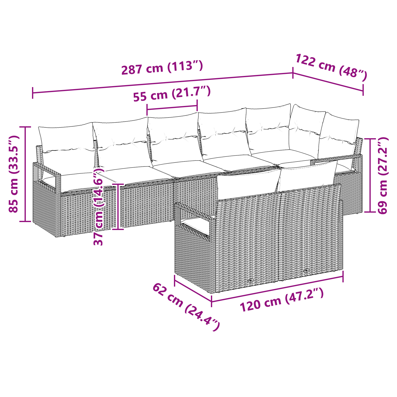 8 частен комплект градински диван с възглавници черен полирано ратан, vidaXL 2-местен градински диван с възглавници черен полирано ратан - Image 8
