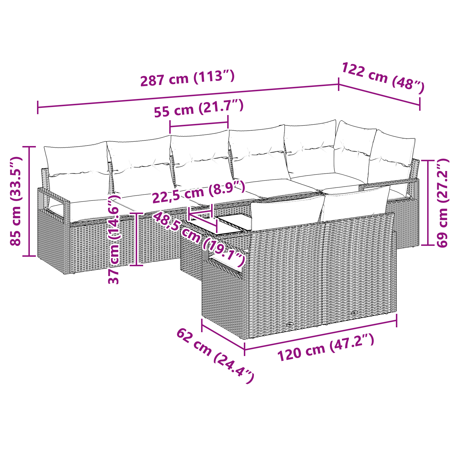 Комплект градински мебели vidaXL от 9 части с възглавници сив полиратан, Диван за градина vidaXL за 2 с възглавници сив полиратан - Image 9