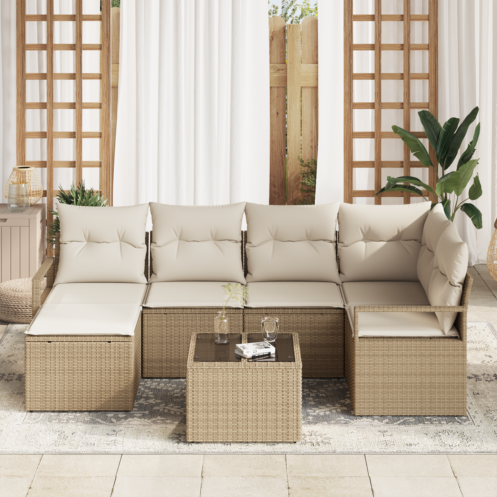 7-частен градински диван с възглавници от кафяв полиратан, vidaXL 2-местен градински диван с възглавници от бежов полиратан - Image 3