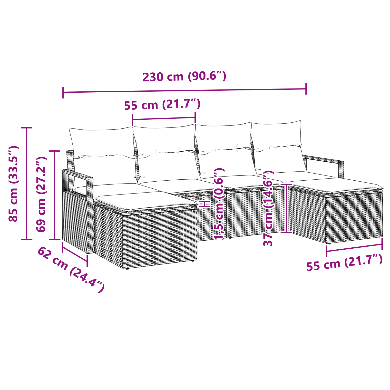 6 Часов Градински Диван Комплект с Възглавници Бежов Полираен Ратан - Image 8