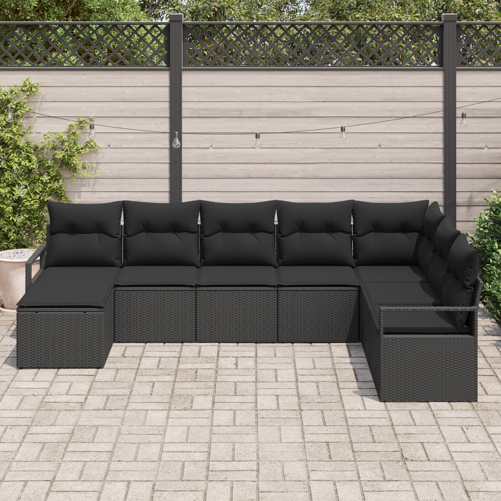 8 части градински диван комплект с възглавници Черен полиратан, vidaXL 2-местен градински диван с възглавници Черен полиратан - Image 3