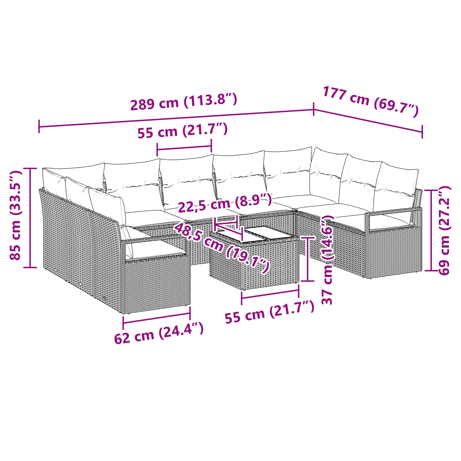 9 частен градински диван комплект с възглавници Кафяв полиратан - Image 9