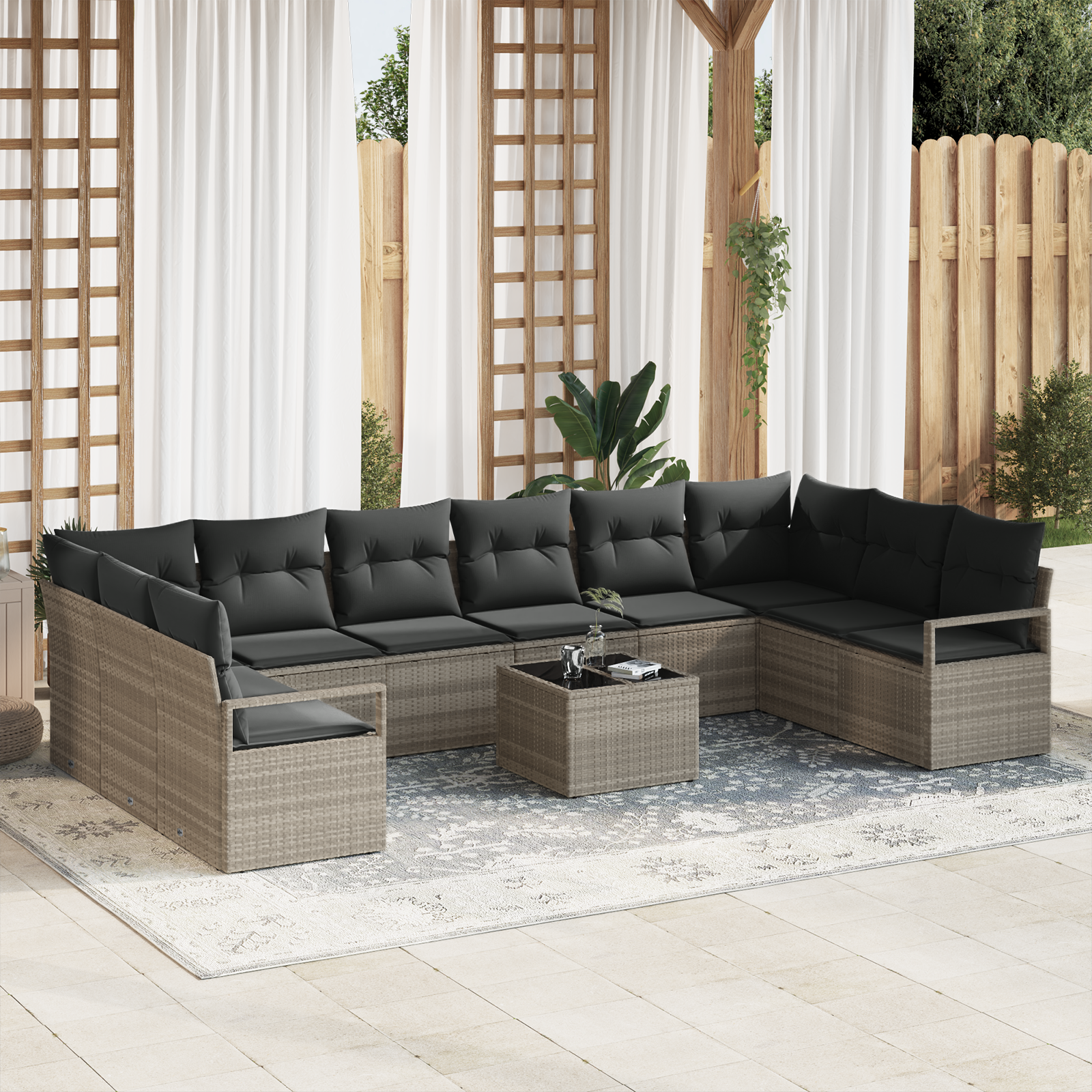 11 Piece Garden Sofa Set with Cushions Grey Poly Rattan, vidaXL 2-Seater Garden Sofa with Cushions Grey Poly Rattan