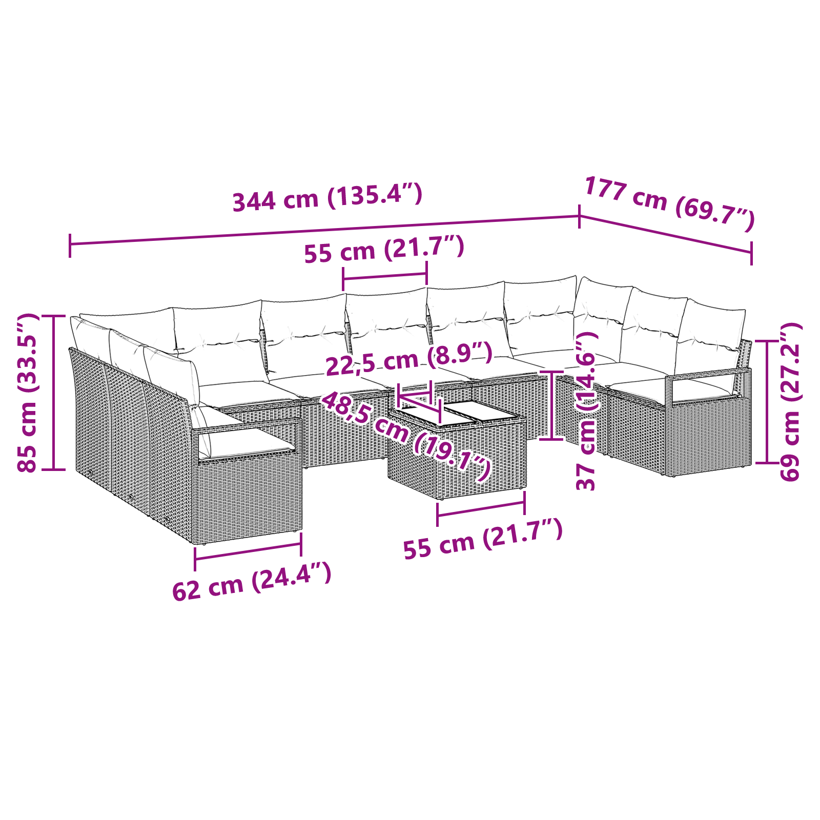 11 Piece Garden Sofa Set with Cushions Grey Poly Rattan, vidaXL 2-Seater Garden Sofa with Cushions Grey Poly Rattan - Image 9