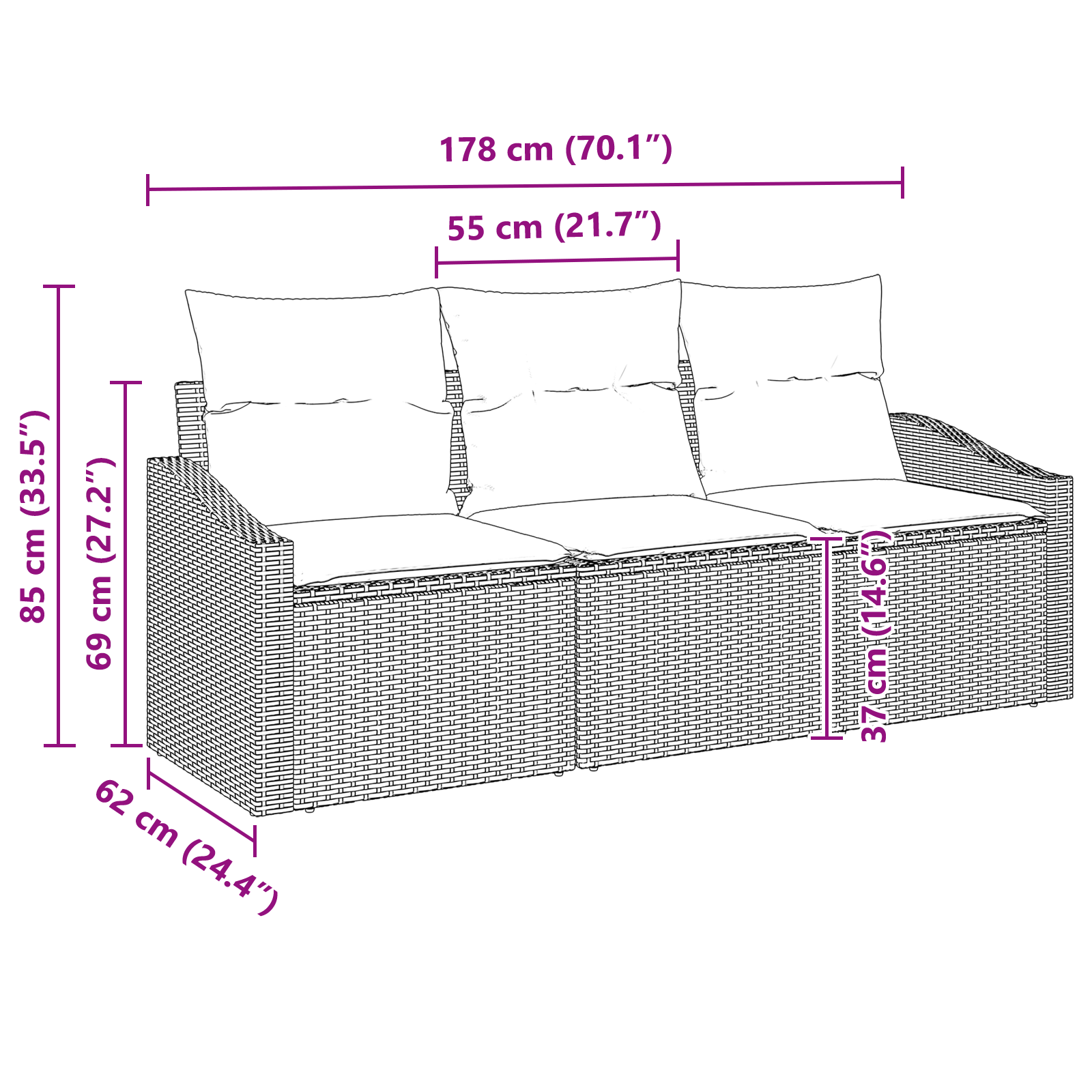 3-частов комплект дивани за градина с възглавници, сив полиратан - Image 7