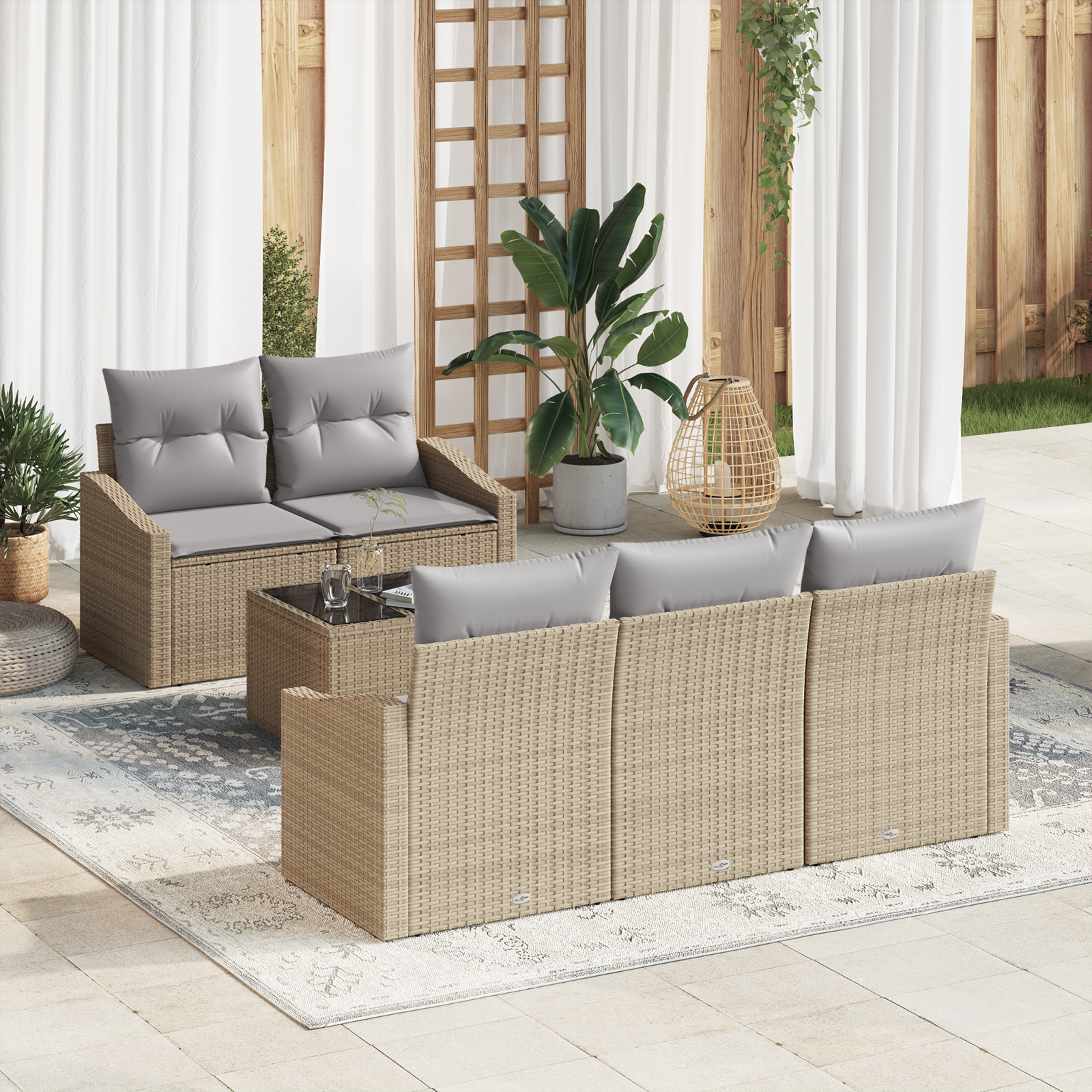 Conjunto de Sofá de Jardim 6 Peças com Almofadas Bege Rattan Poli Conjunto de Sofá de Jardim 6 Peças com Almofadas Bege Rattan Poli