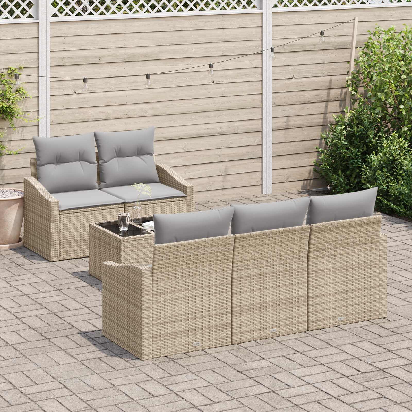 Conjunto de Sofá de Jardim 6 Peças com Almofadas Bege Rattan Poli